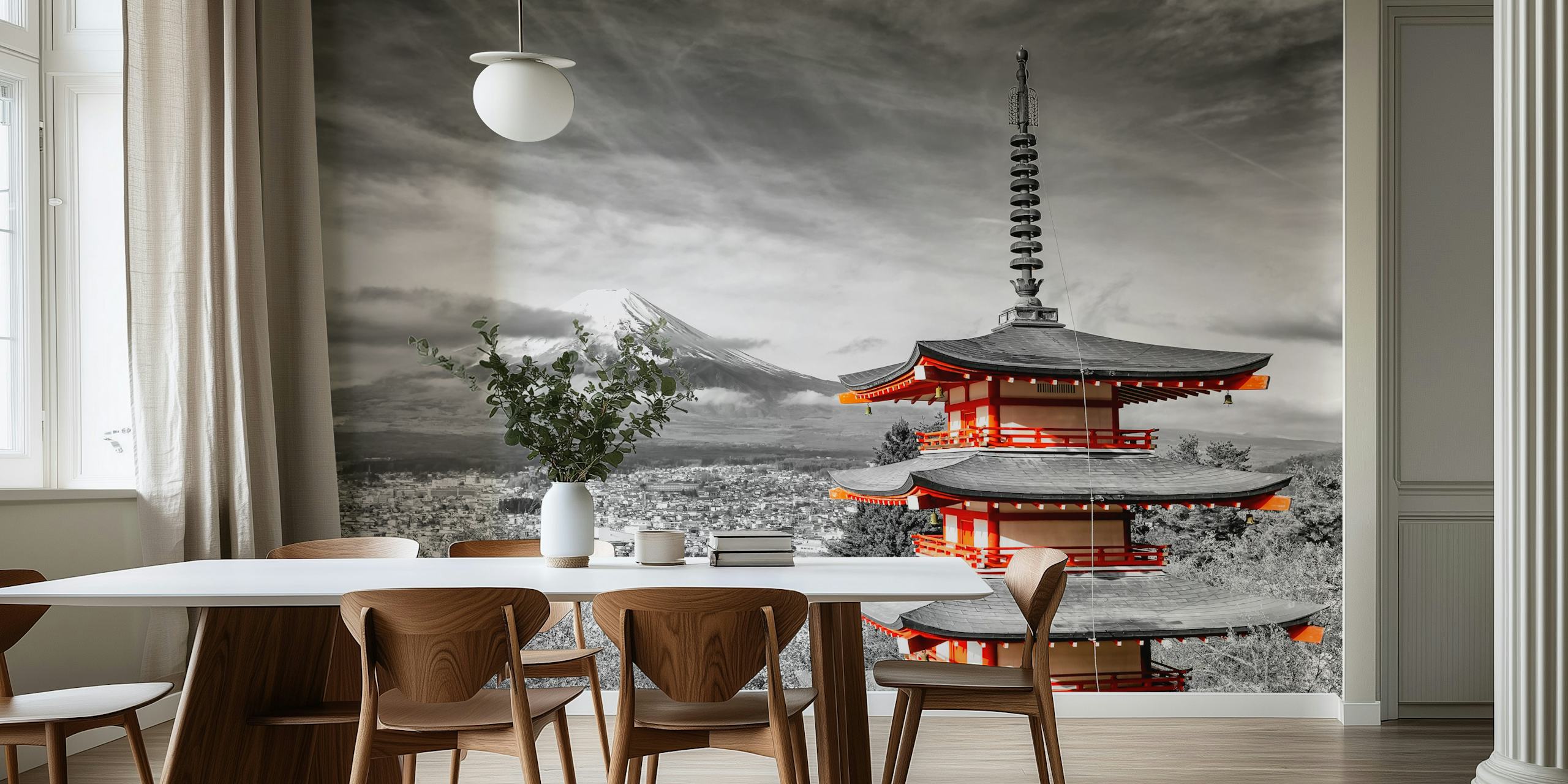 Black and white wallpaper featuring Mount Fuji and Chureito Pagoda