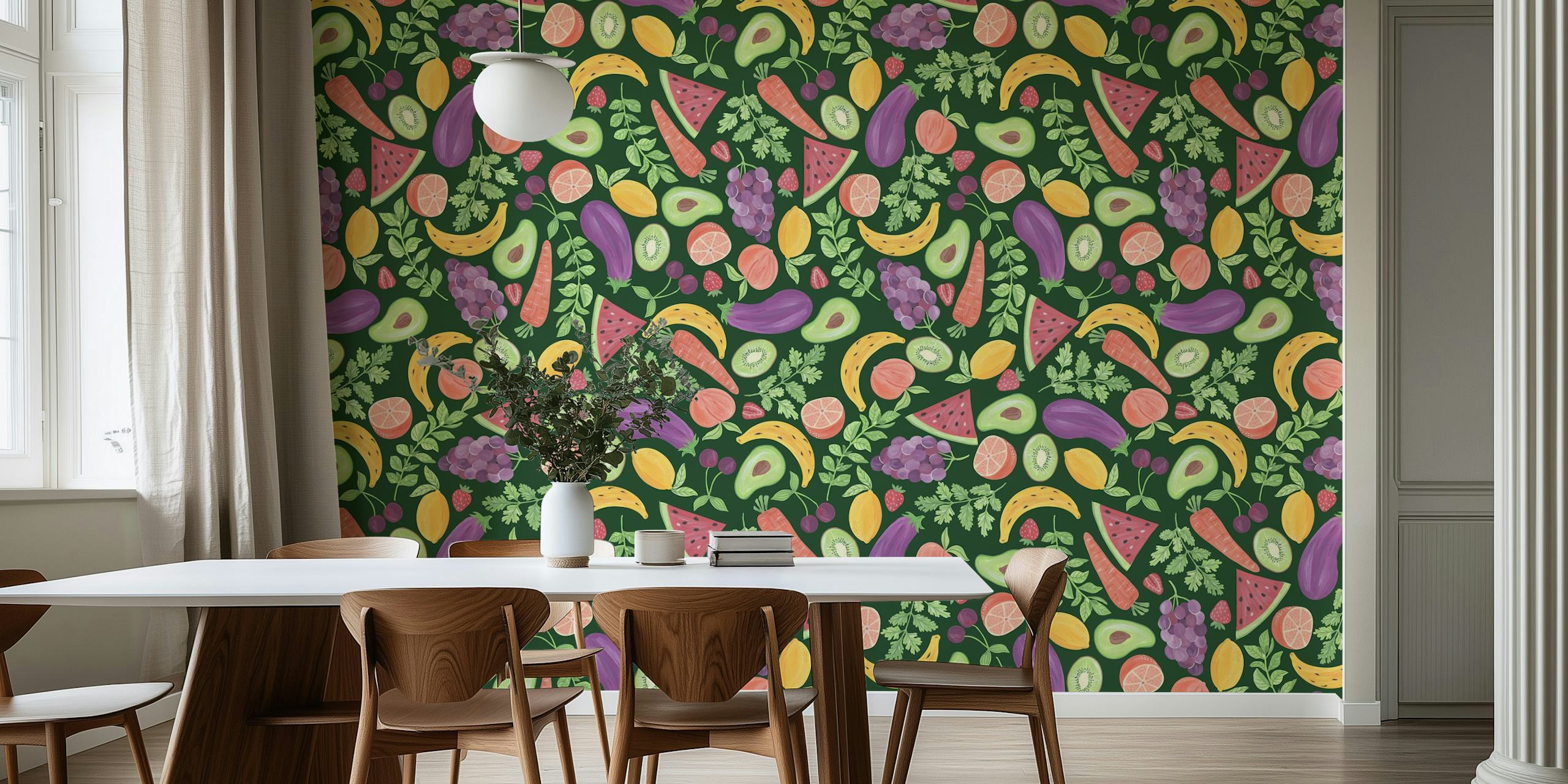 Fruits and veggies patterned wallpaper in a room
