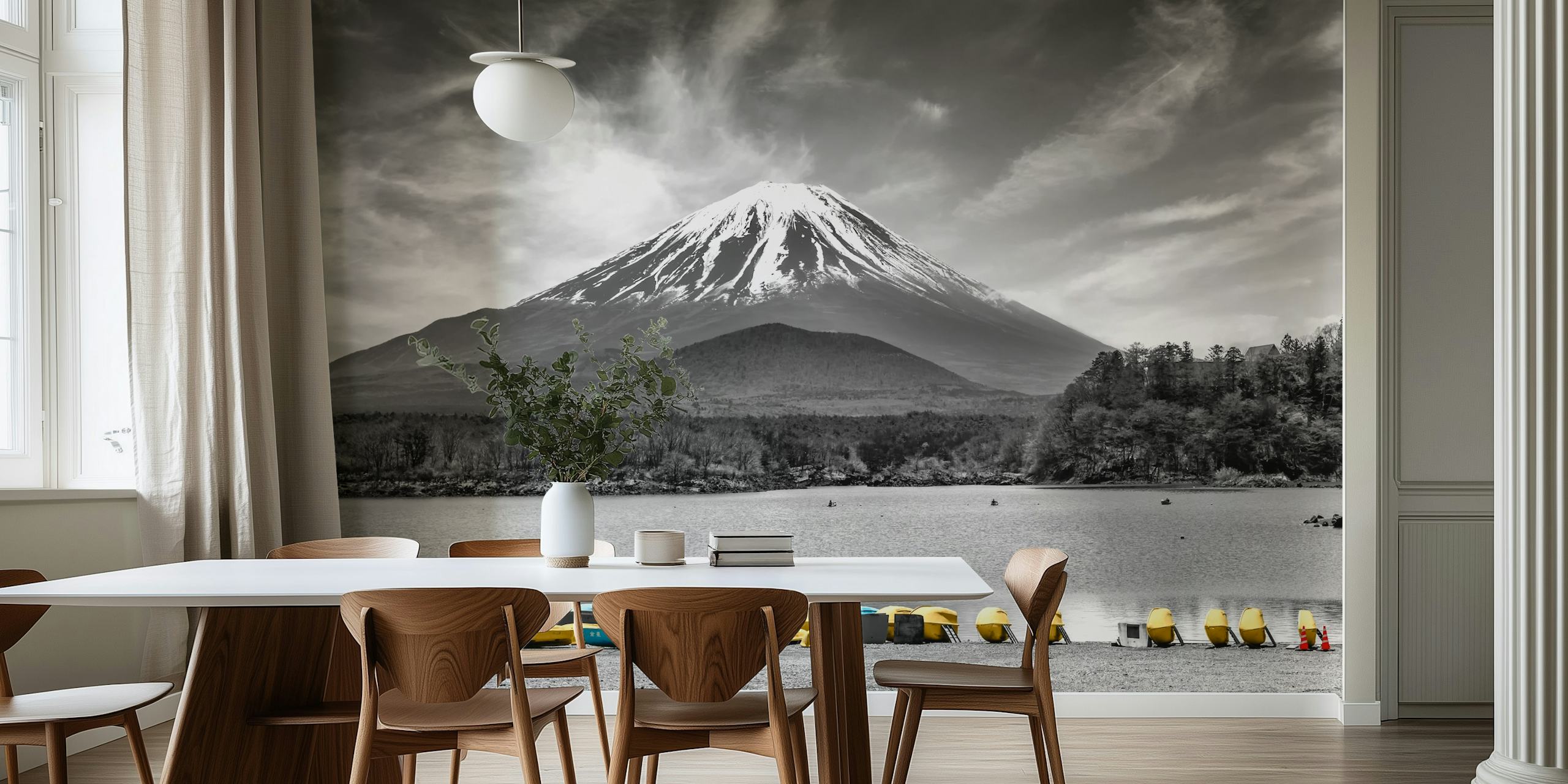 Black and white Mount Fuji scene with colorful yellow boats wallpaper