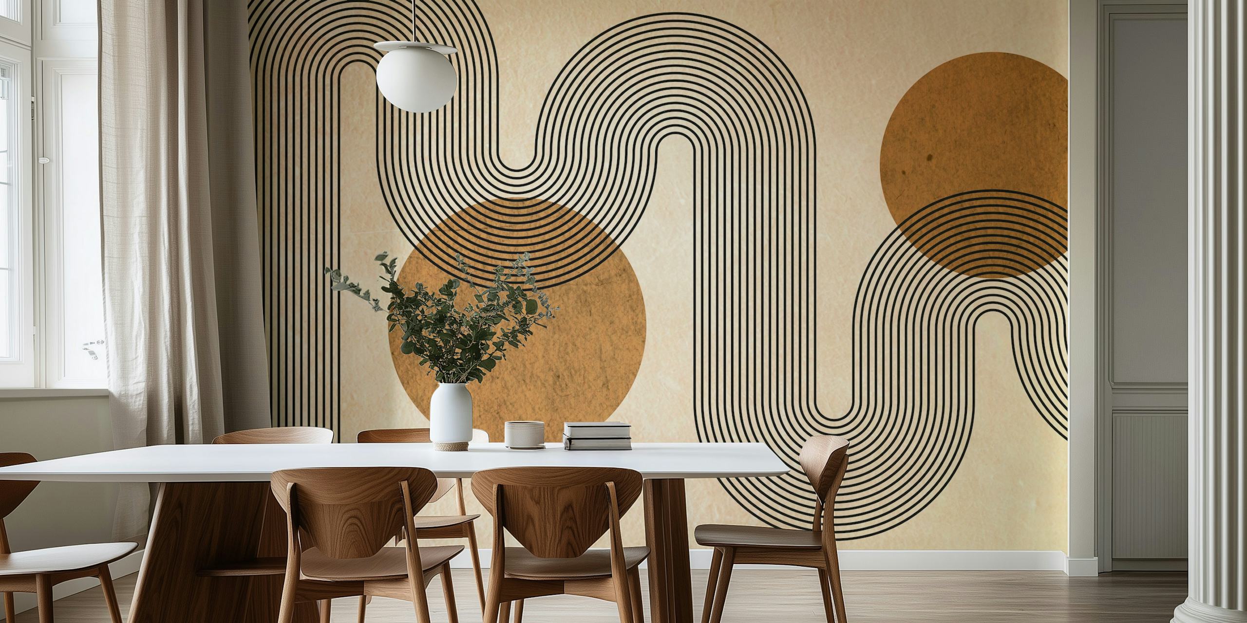 Abstract circular pattern in brown and black on beige wallpaper