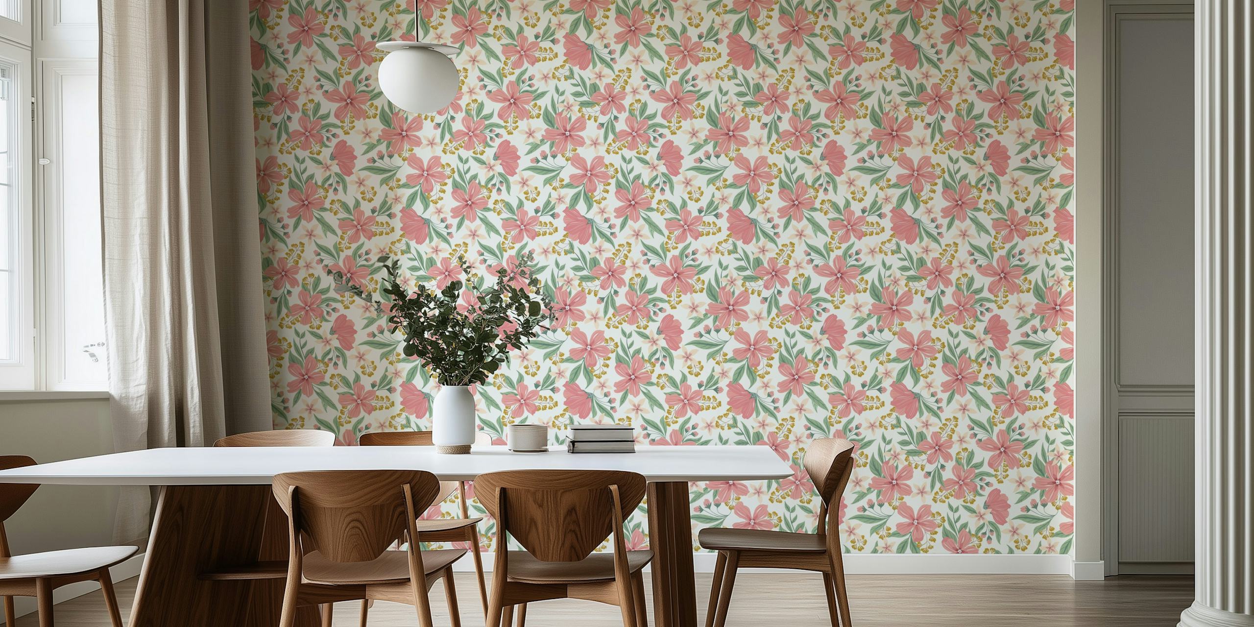 Pink floral pattern with green leaves wallpaper