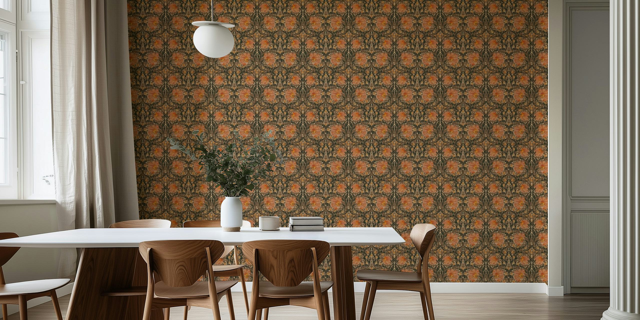 Pimpernel wallpaper in copper and sage green