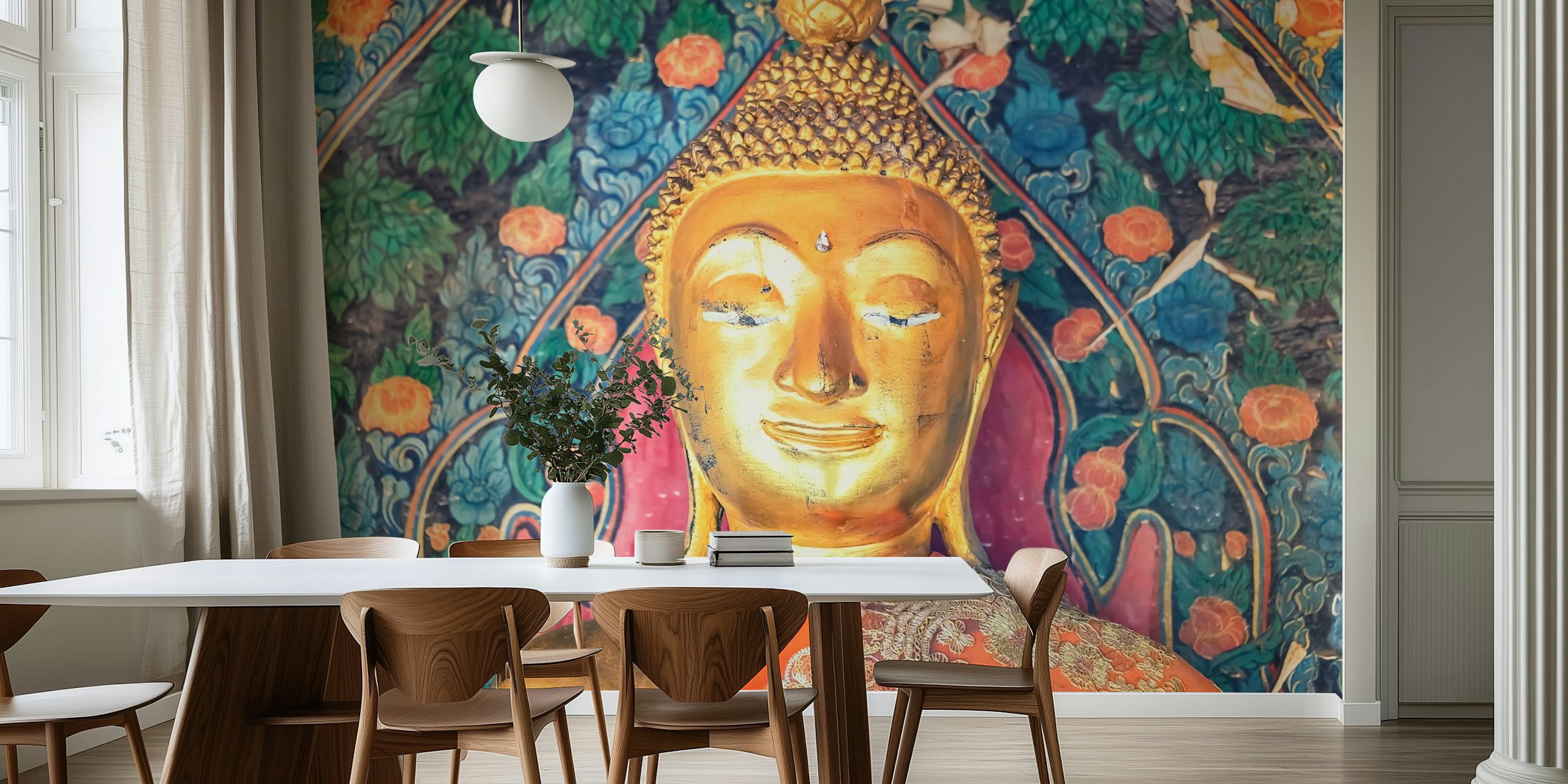Golden Buddha mural with floral background in vivid colors wallpaper
