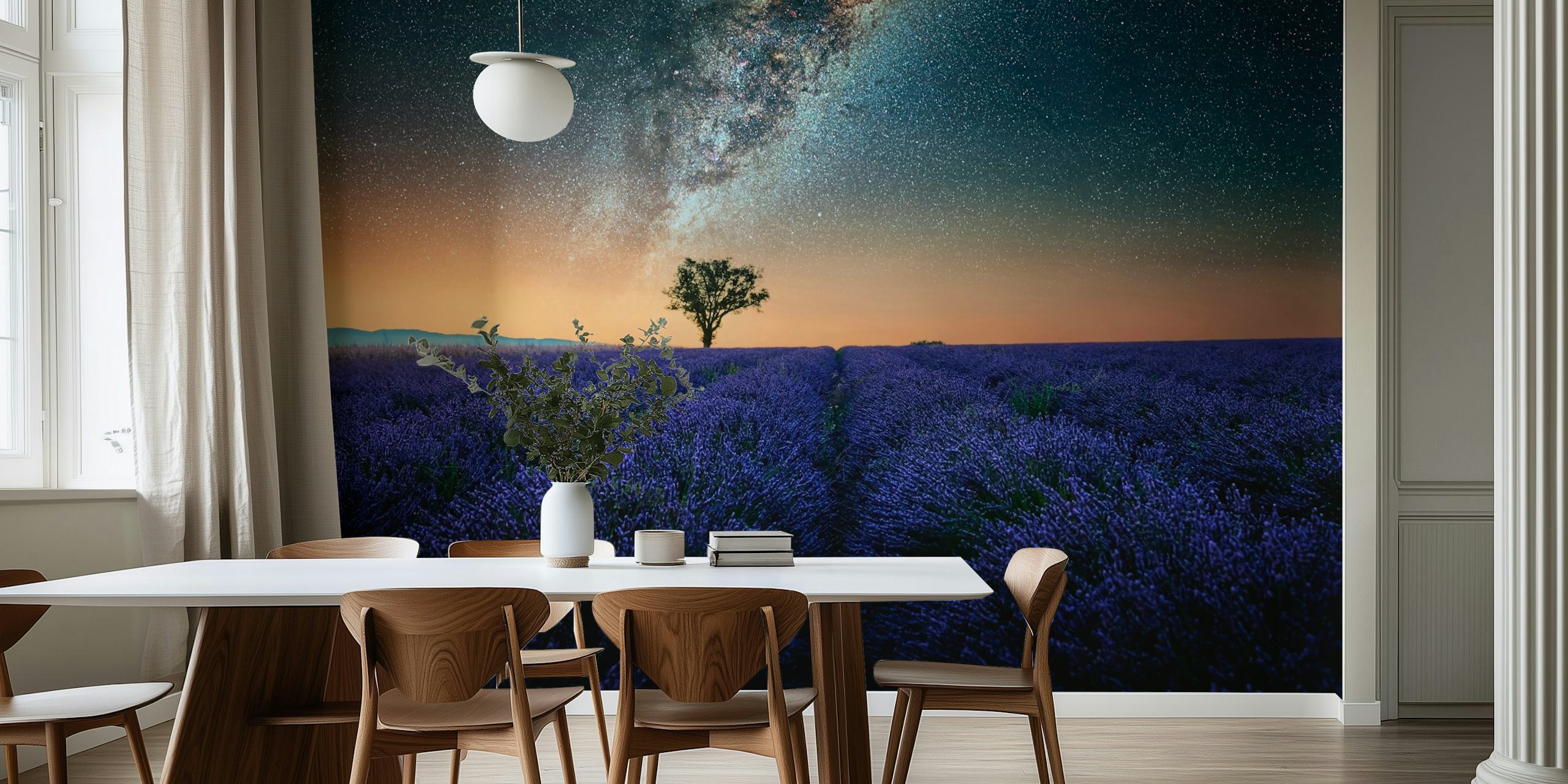Lavender field with starry night sky and a lone tree wallpaper