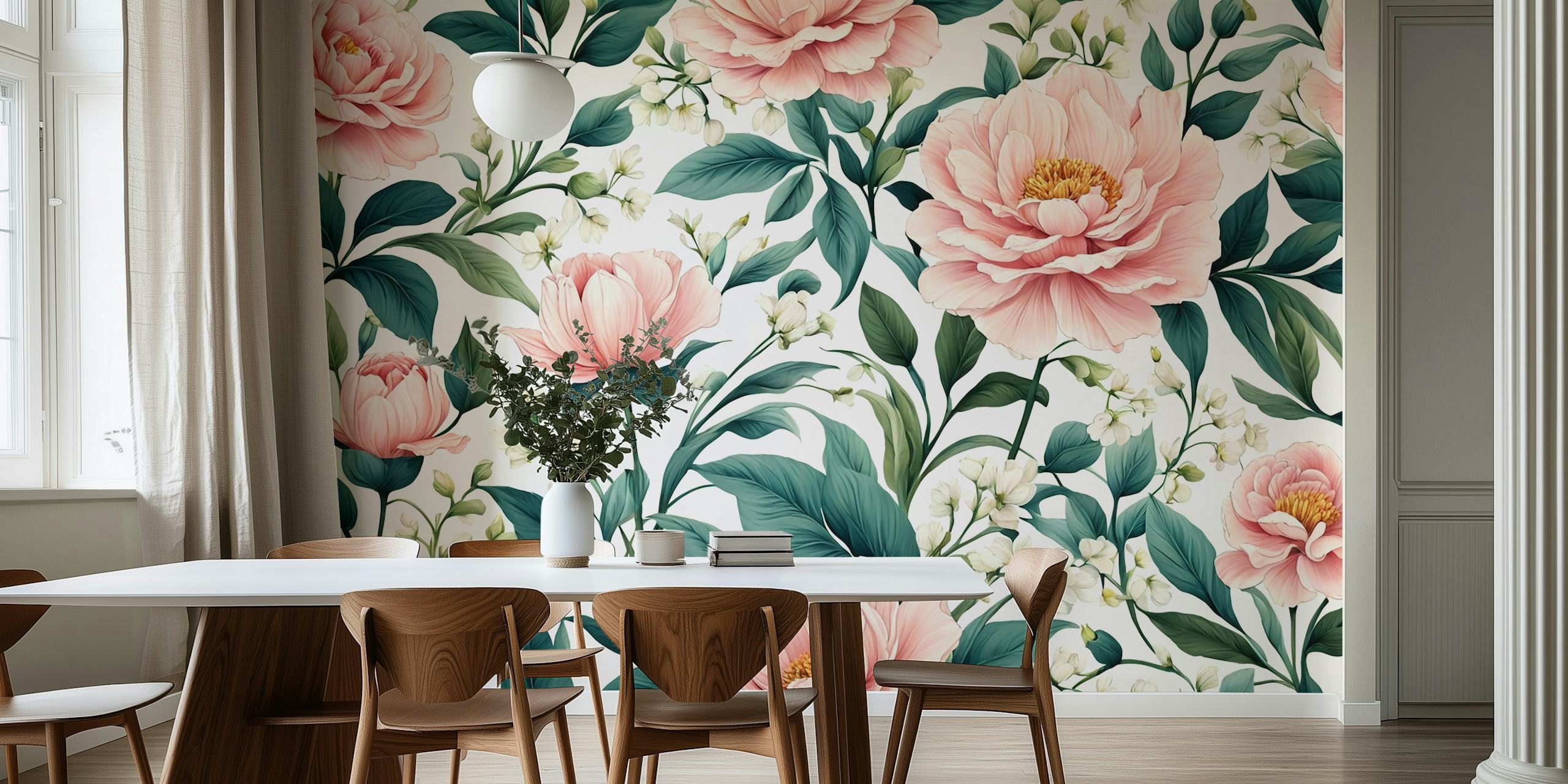 Pink floral arrangement wallpaper with leafy green accents