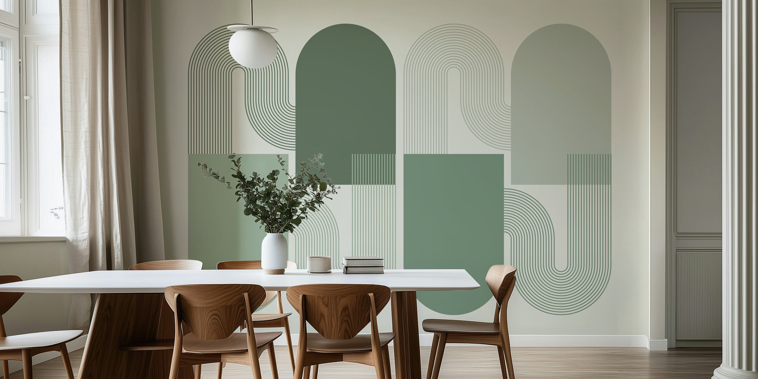Green abstract mid-century arch geometry wallpaper