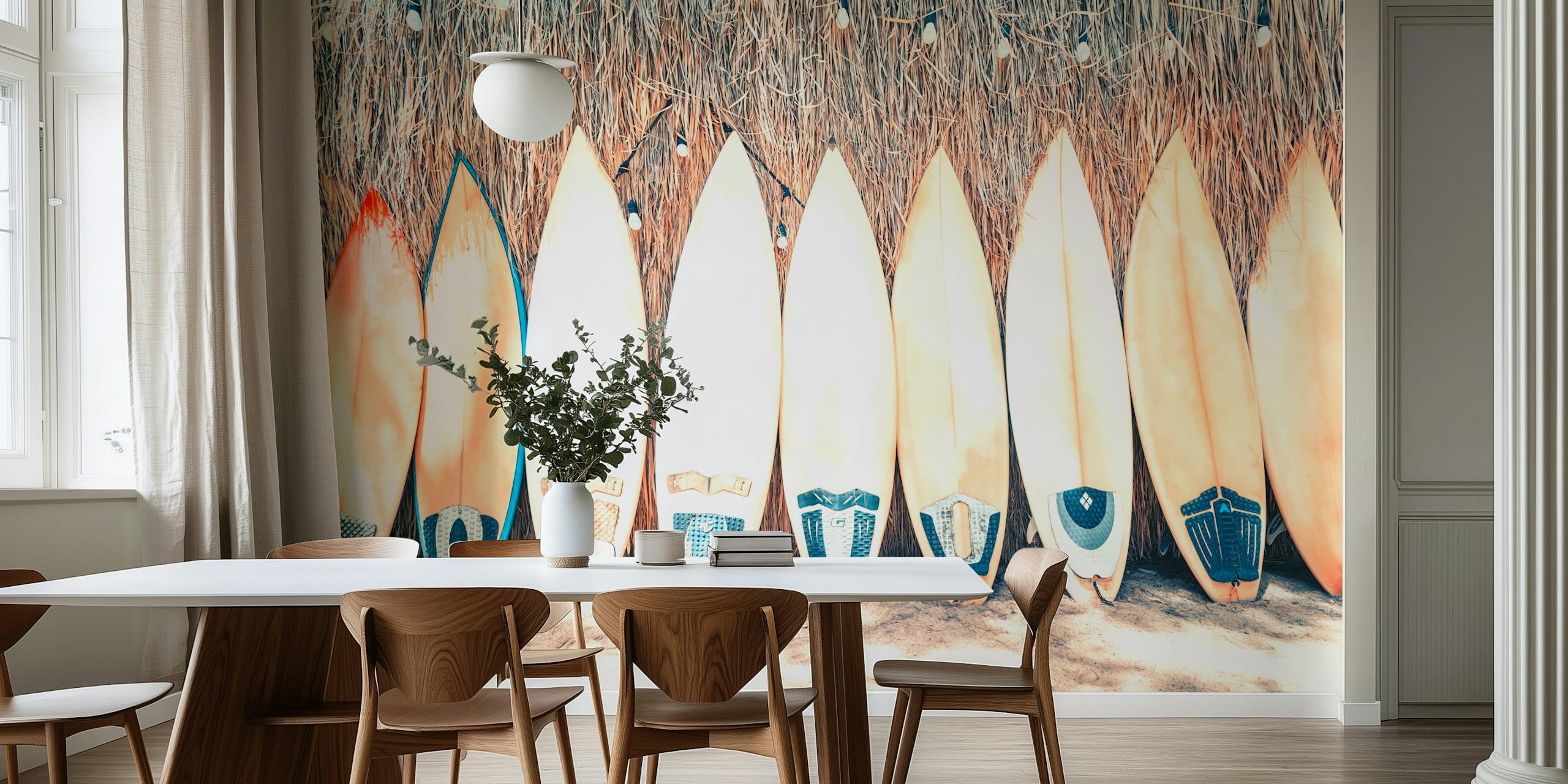 Surfboard wallpaper displayed in a room