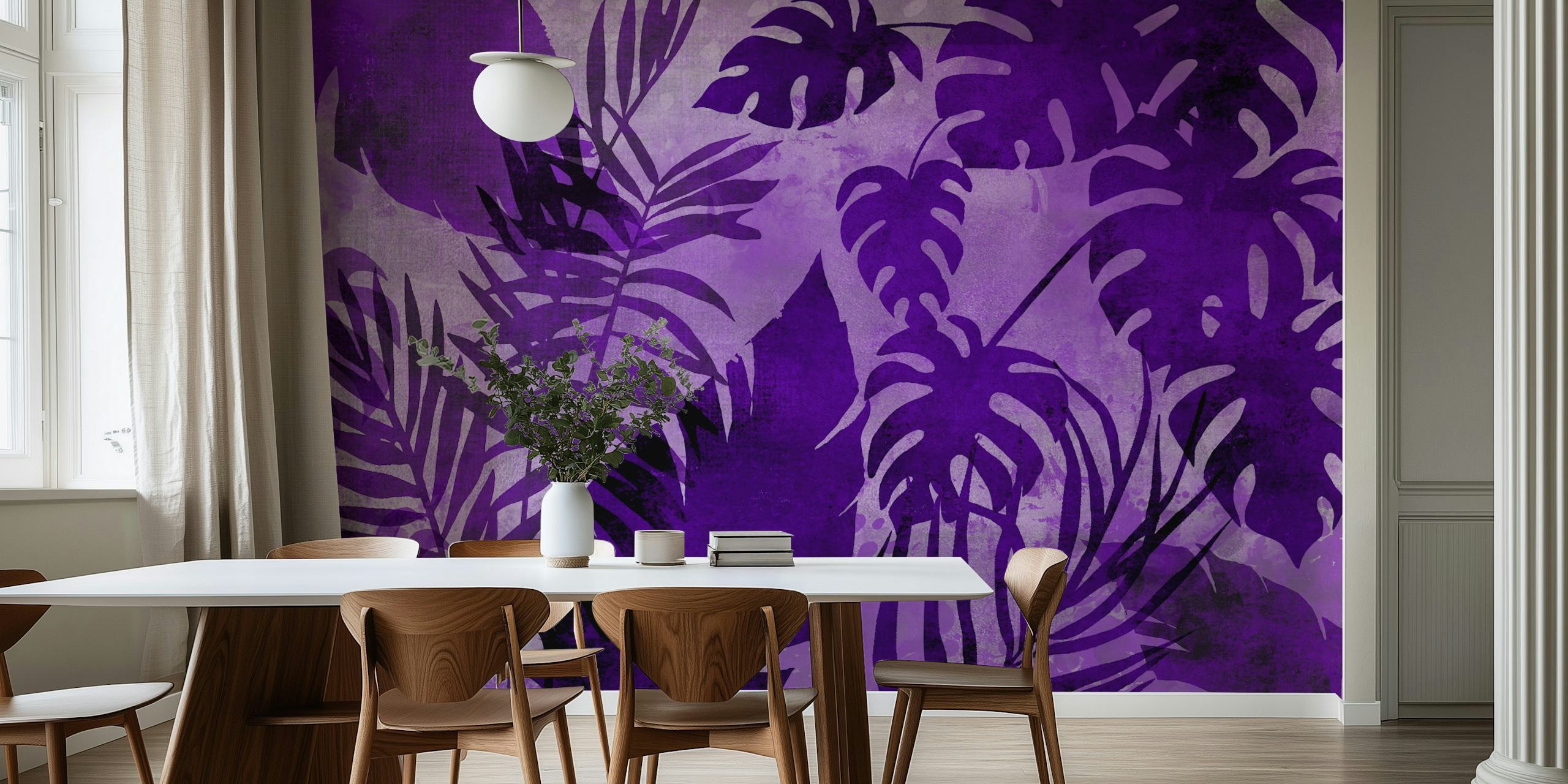 Purple tropical monstera palm wallpaper in a room