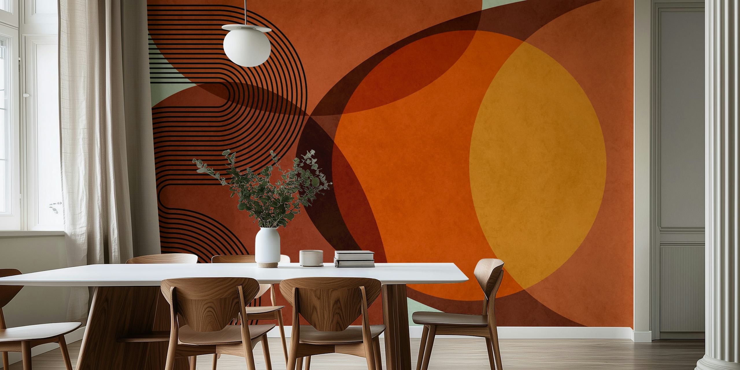 Abstract organic shapes in orange and brown on a textured wallpaper