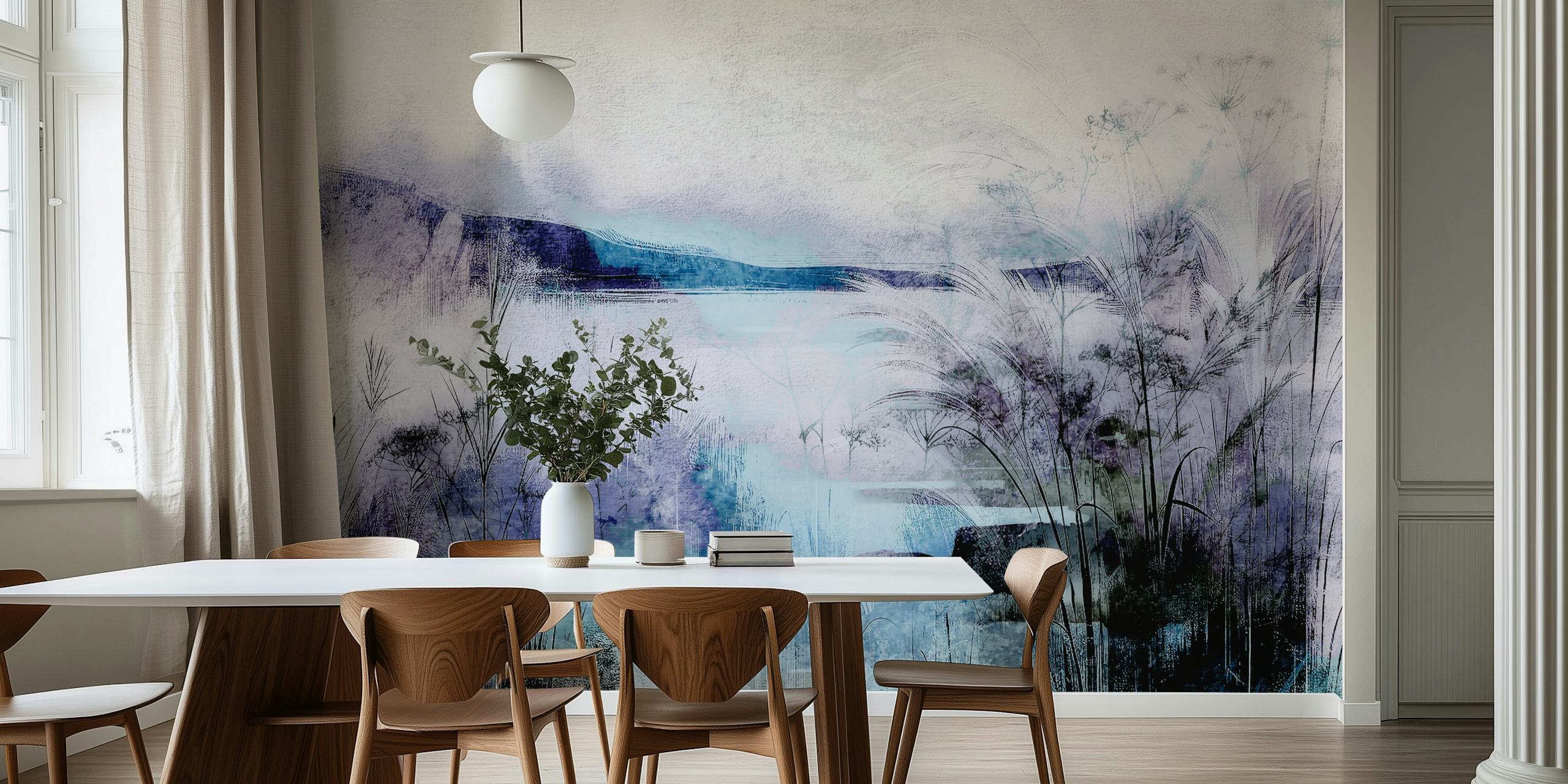 Rolig tapet med Misty Lakeside Reeds ved en tåget sø