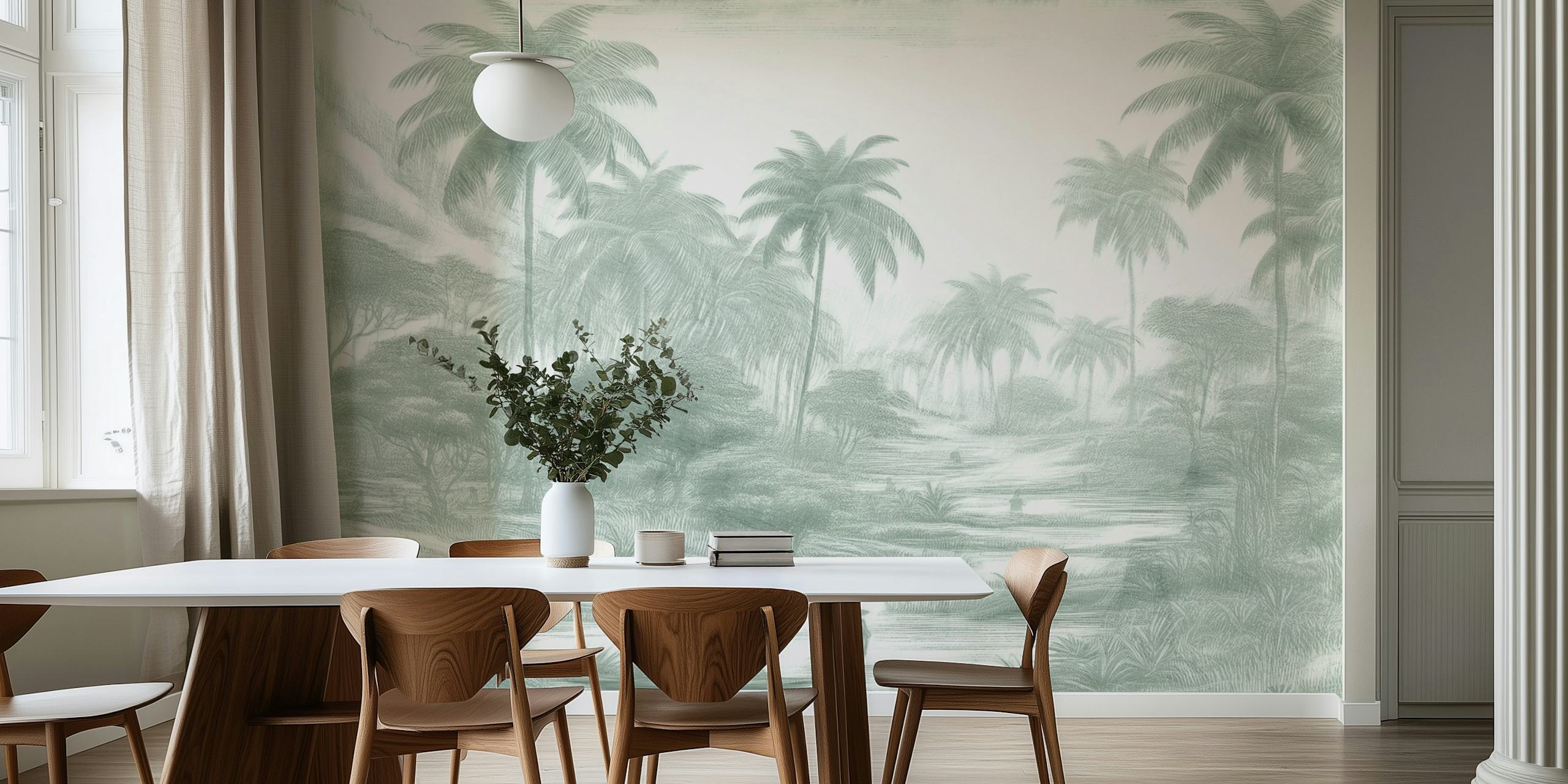 Tropical palm landscape wallpaper in green shades and fine detail.