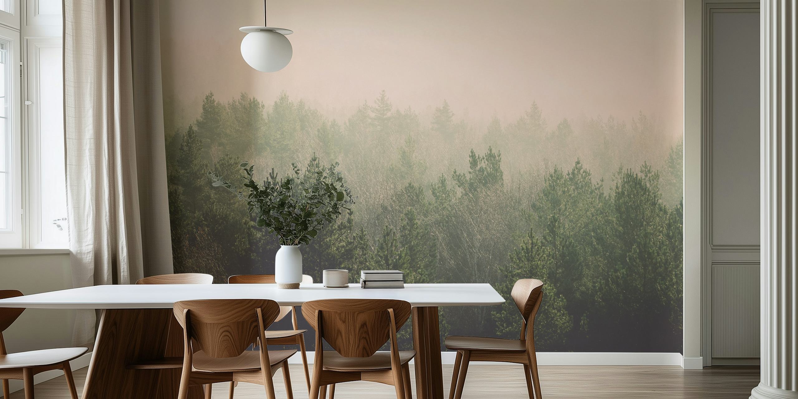 Green trees with misty pink backdrop wallpaper