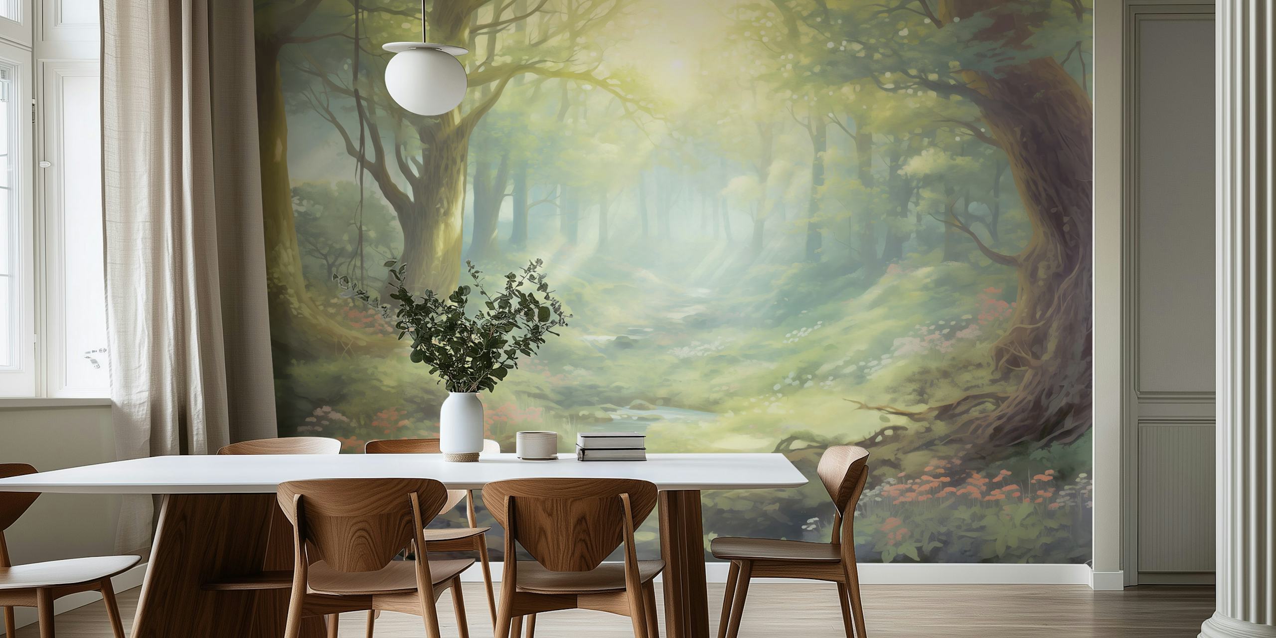 Forest scenery with pastel colors and soft sunlight wallpaper