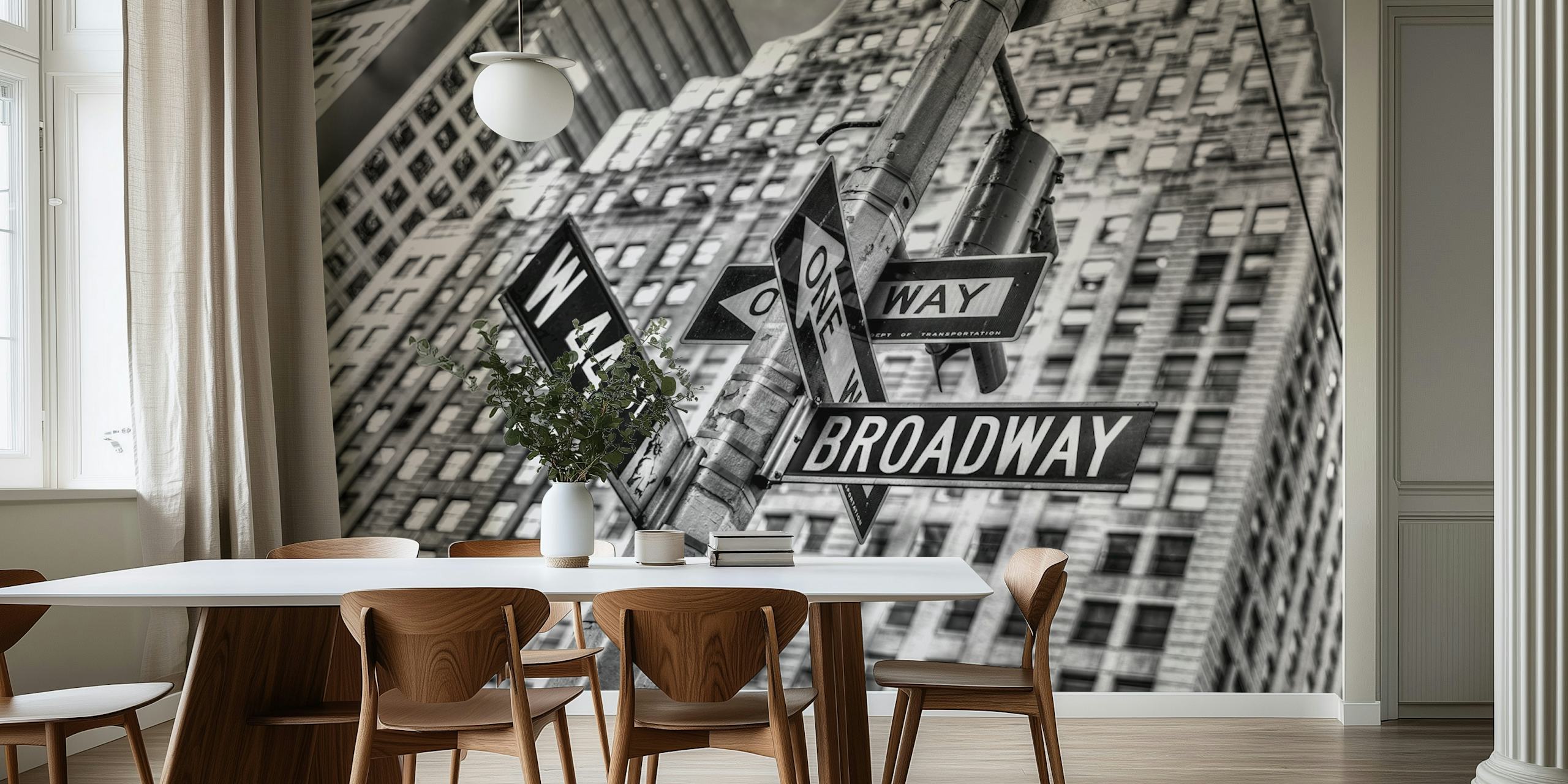 City street signs on buildings in black and white wallpaper