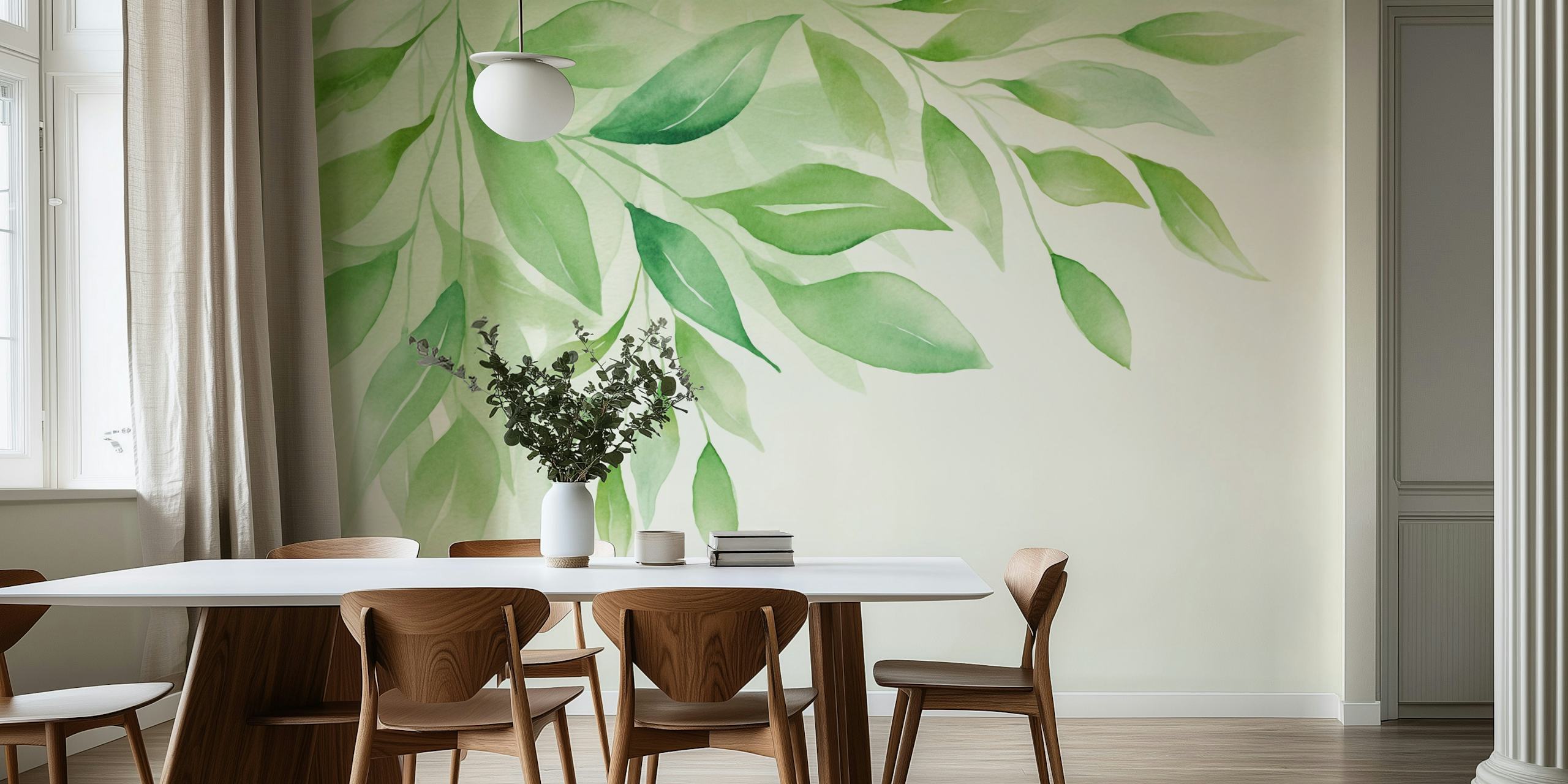 Papel de parede Calm Foliage Gentle Green em um quarto