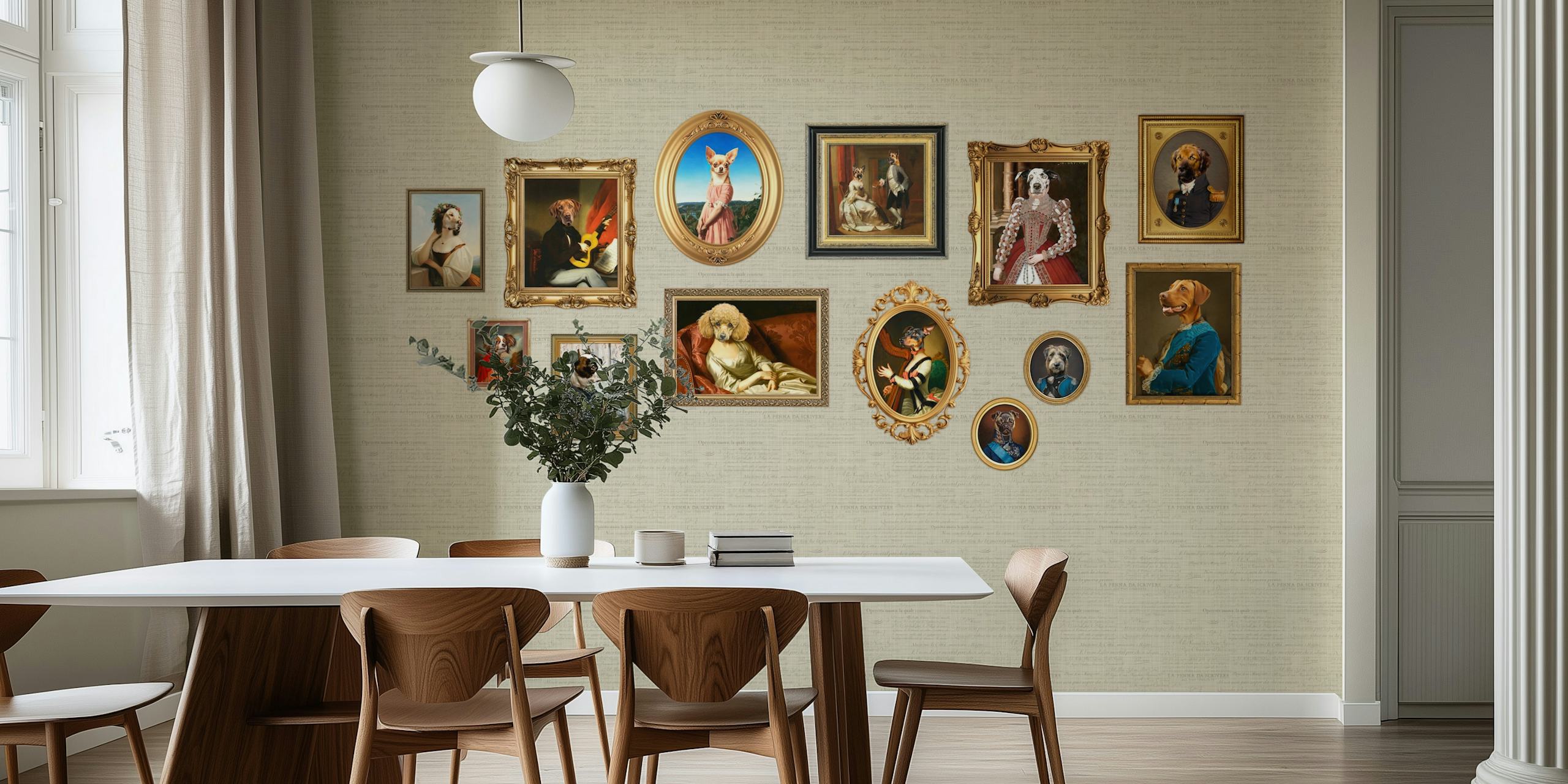 Dog portraits wallpaper in a stylish room