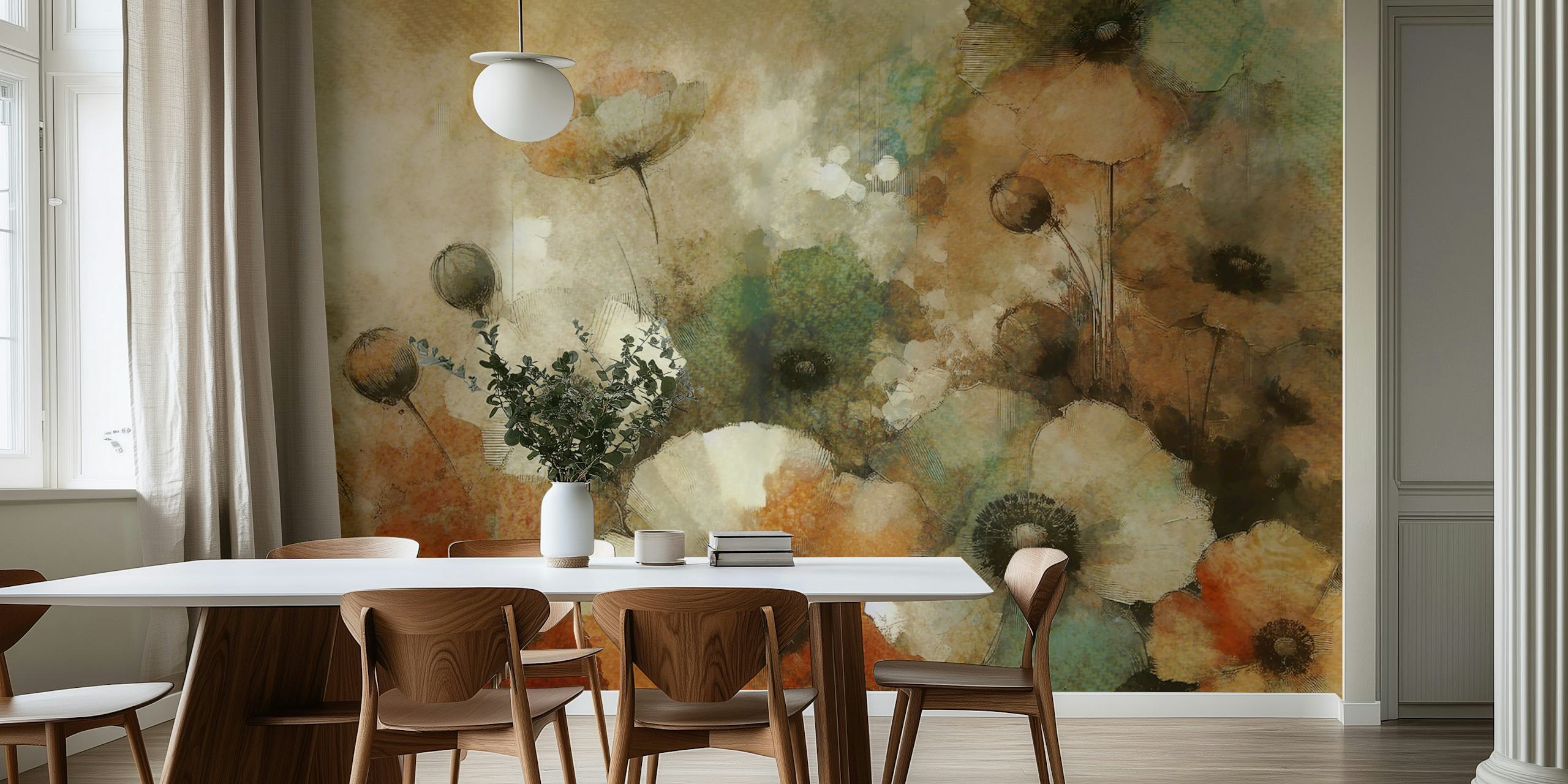 Vintage floral wallpaper with delicate white and orange flowers