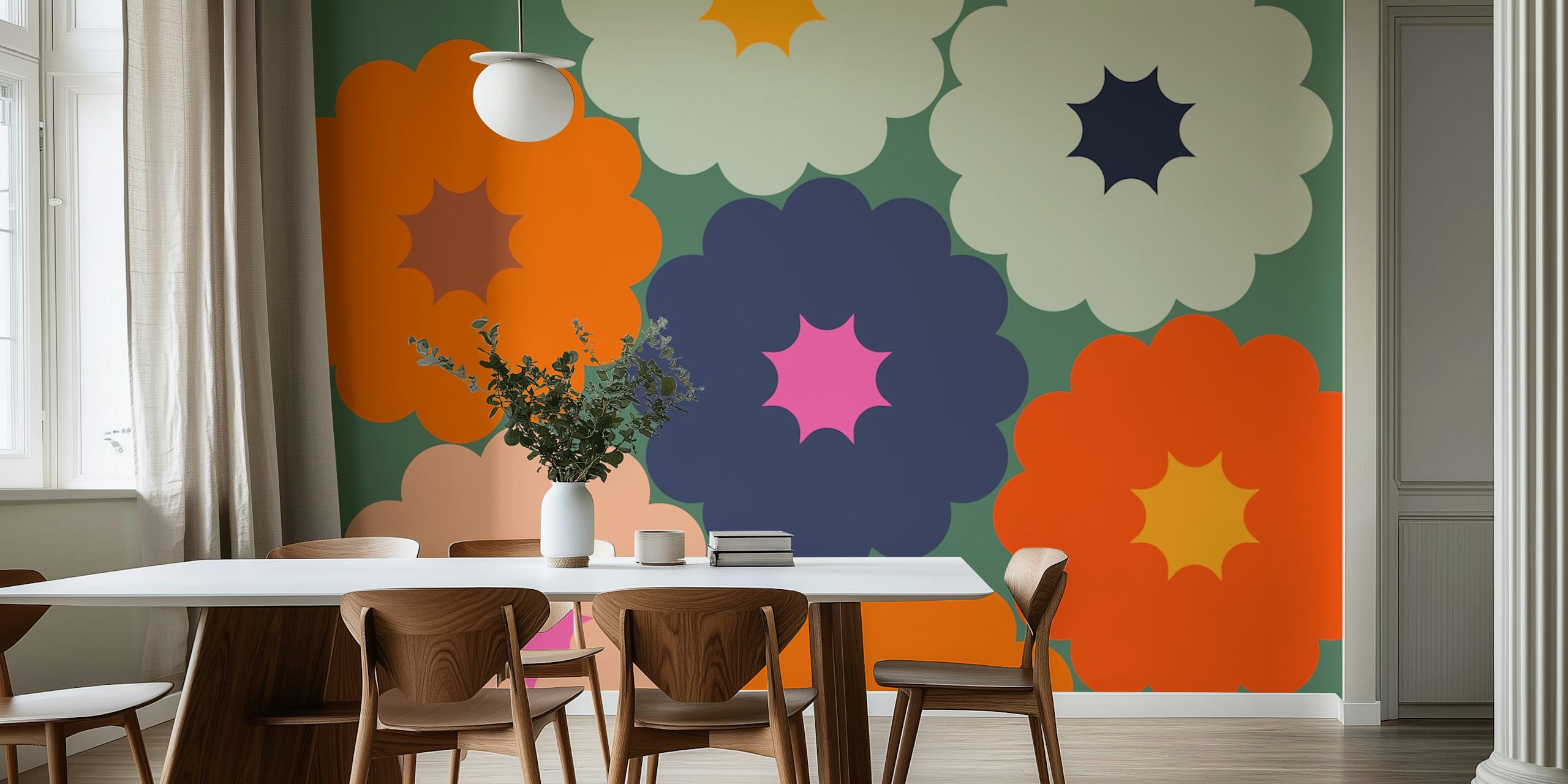 Vibrant bloom art wallpaper in a room