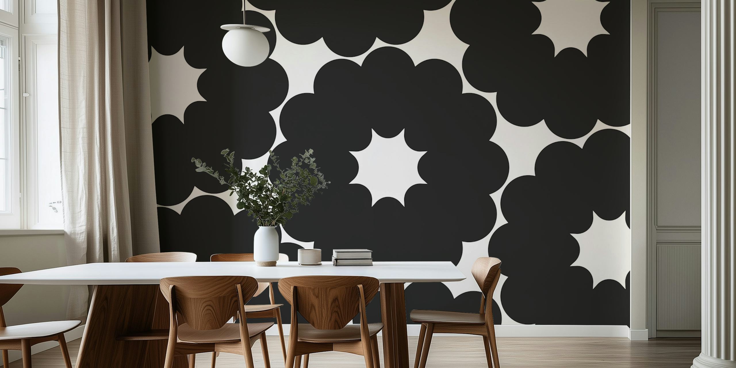 Monochrome Floral Burst wallpaper in a room