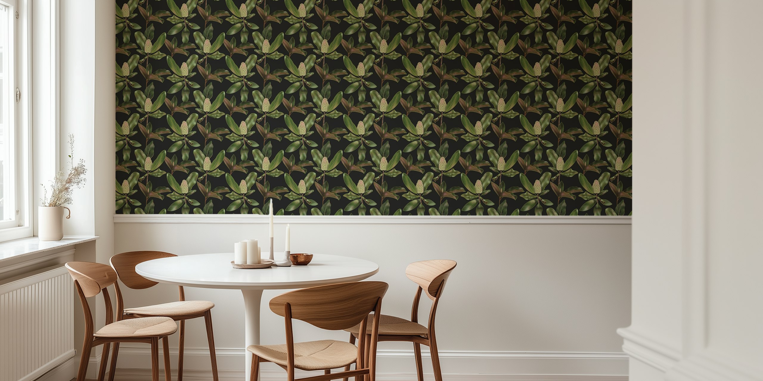 Seamless magnolias leaves wallpaper in a room