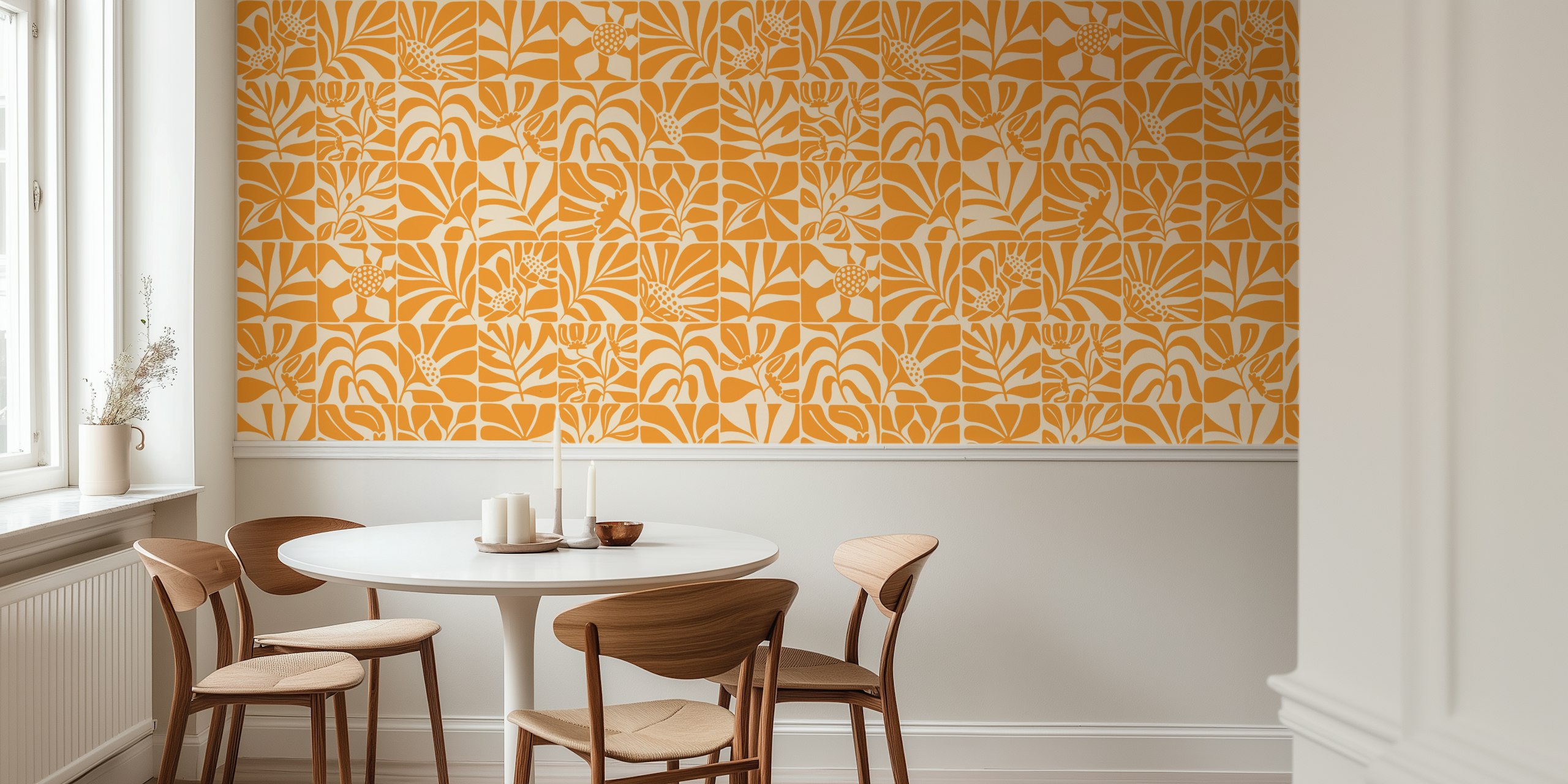 Minimalist Floral Tiles Yellow papel pintado en una habitación