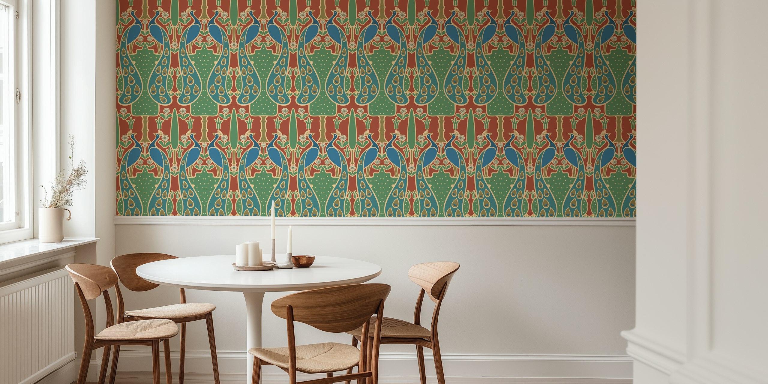 Peacock and floral pattern in blue and green vintage wallpaper