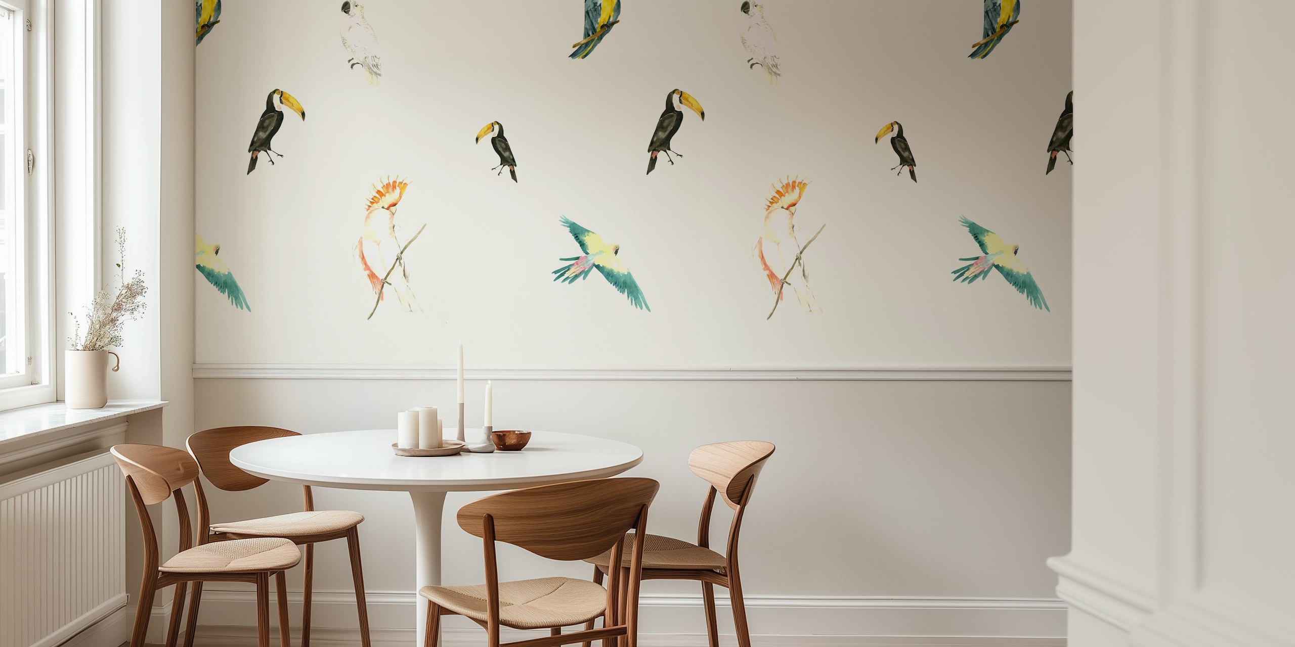 Tropical parrots and toucans wallpaper design
