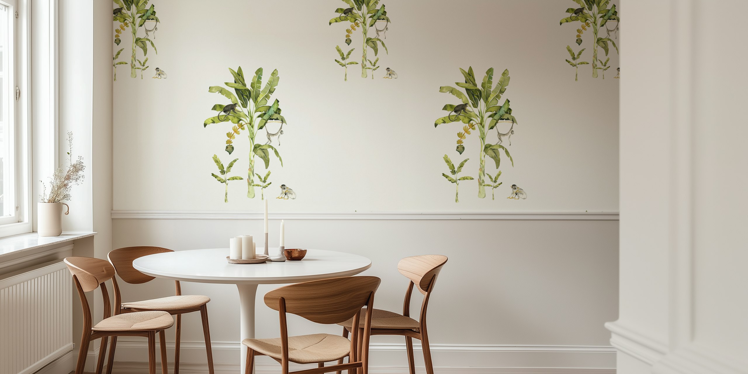 Tropical jungle scene with monkeys and green plants wallpaper
