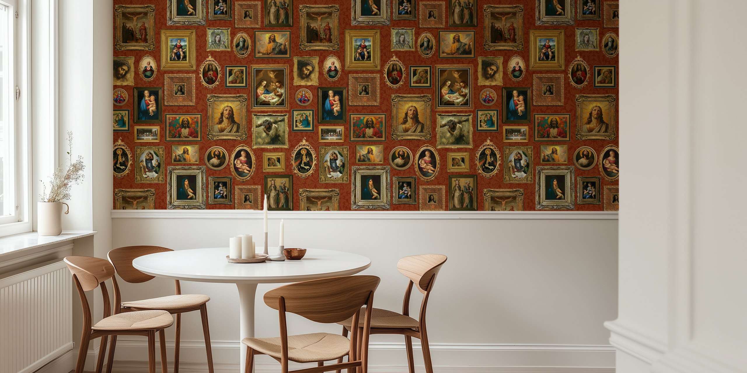 Classic religious art framed portraits in various shapes and sizes on a red background wallpaper.