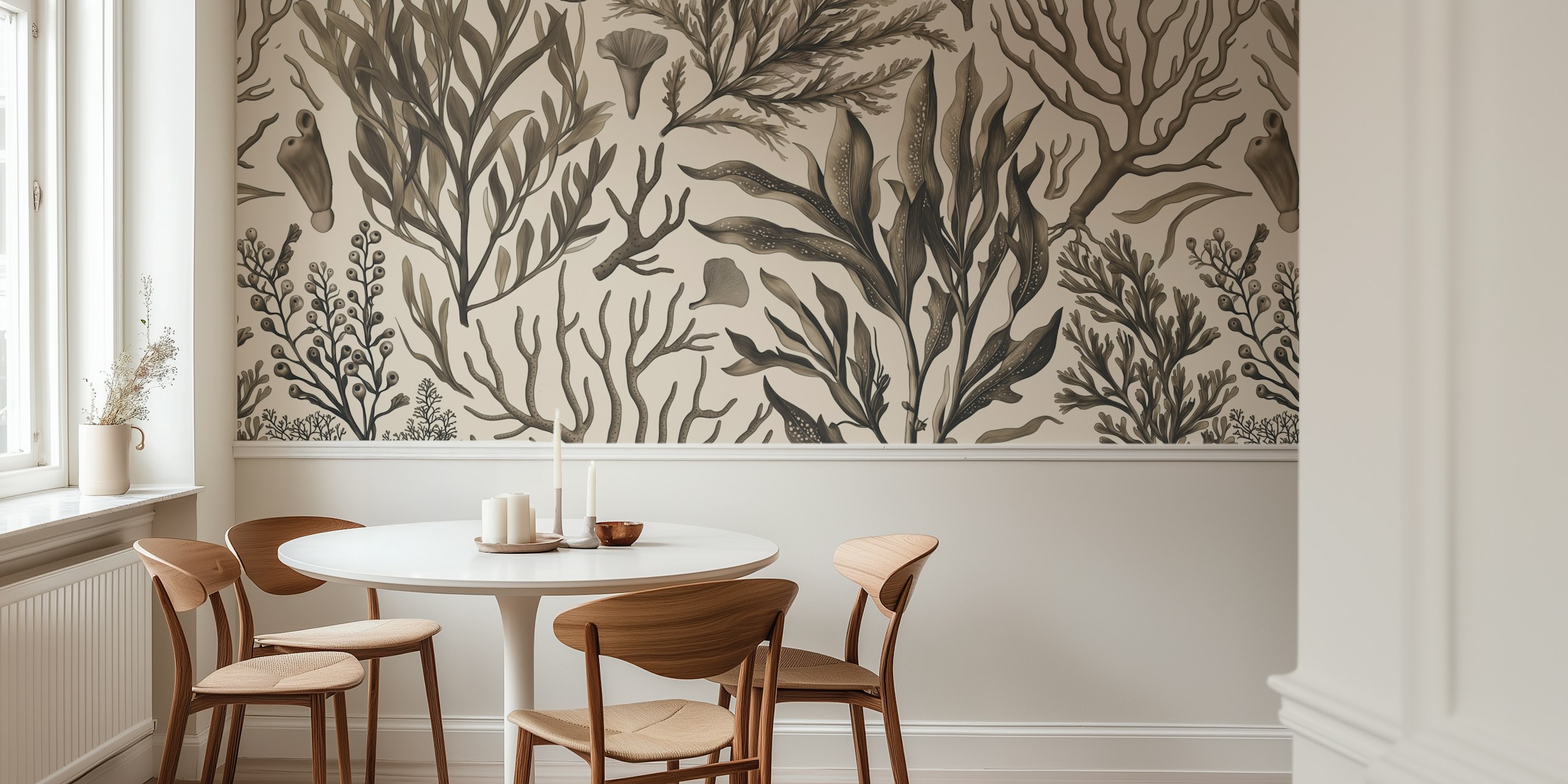 Nautical coral and seaweed designs in beige and brown wallpaper
