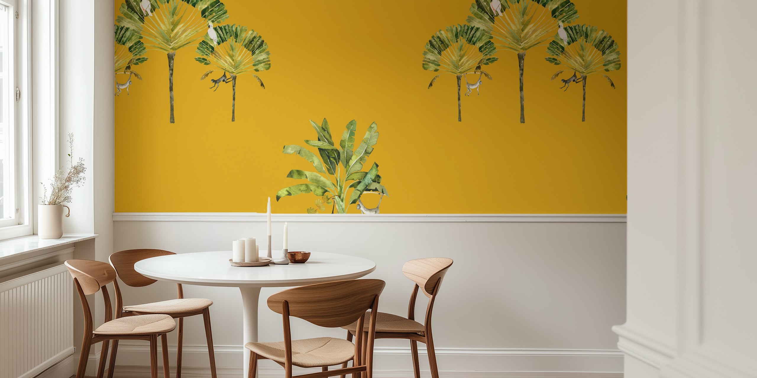 Tropical banana palm leaves with wildlife on a yellow background wallpaper