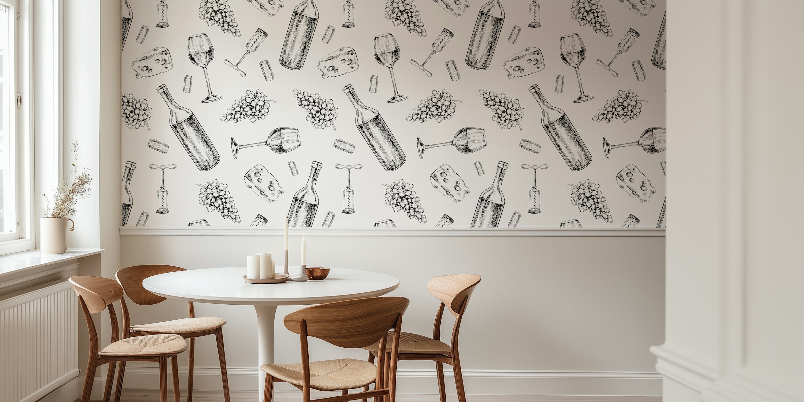 Wine and cheese sketches on white background wallpaper