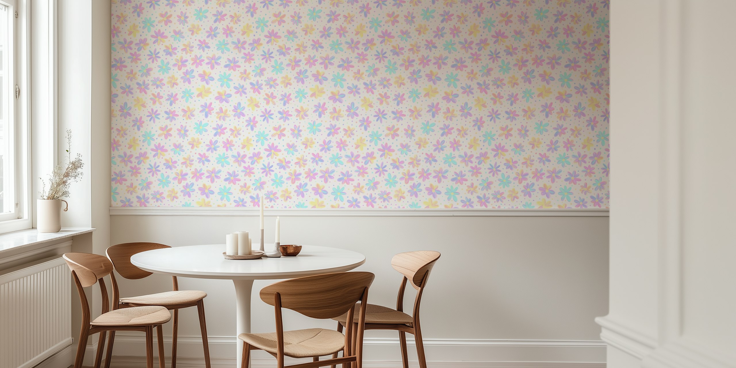 Colorful pastel daisies on white background wallpaper