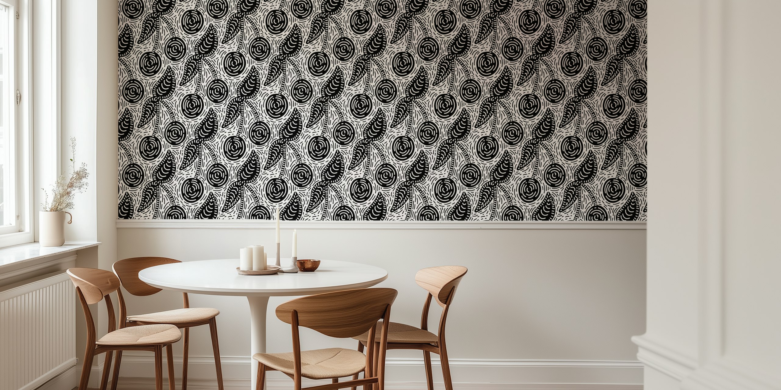 Musta-valkoinen Black and White Hand Drawn Cherries Pattern tapetti