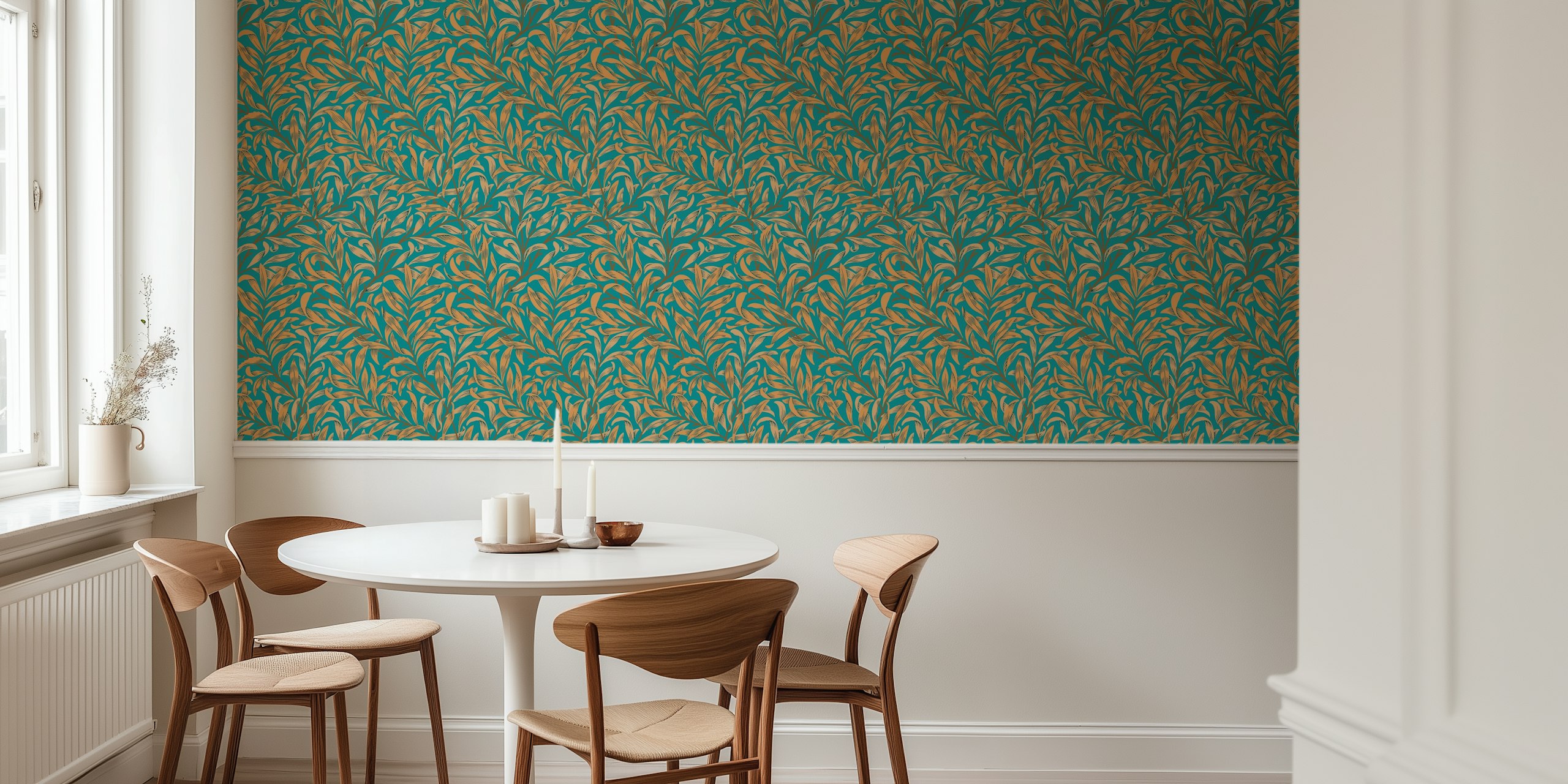 Emerald green botanical wallpaper with gold leaf motifs in a repeat pattern.