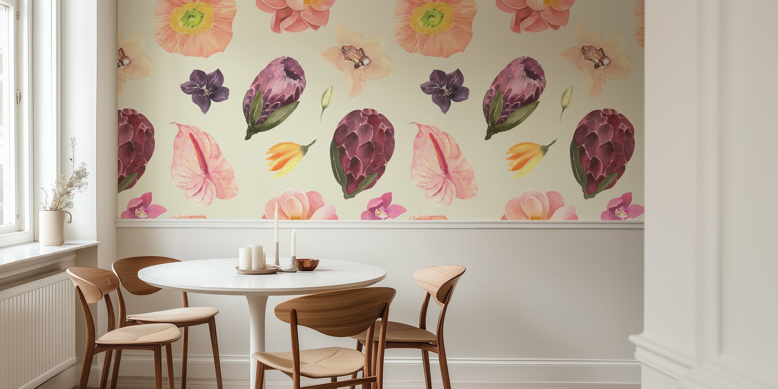 Tropical floral pattern with pastel colored flowers wallpaper