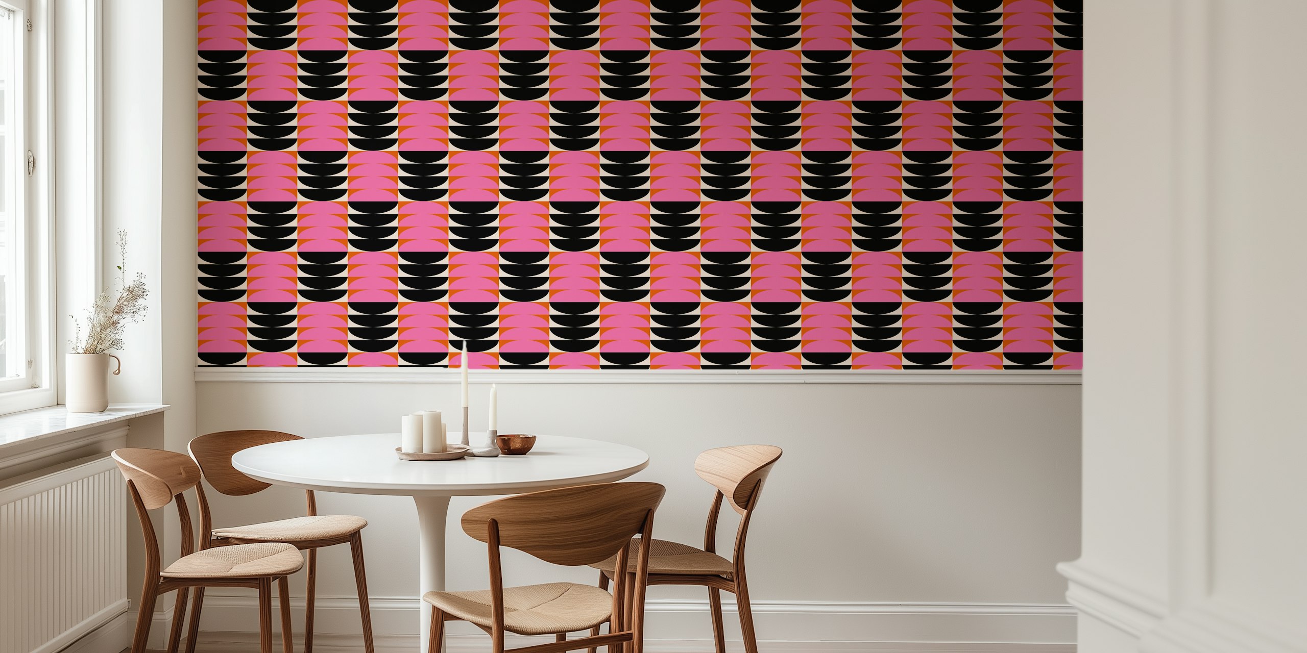 Pink and orange geometric patterns with black accents wallpaper