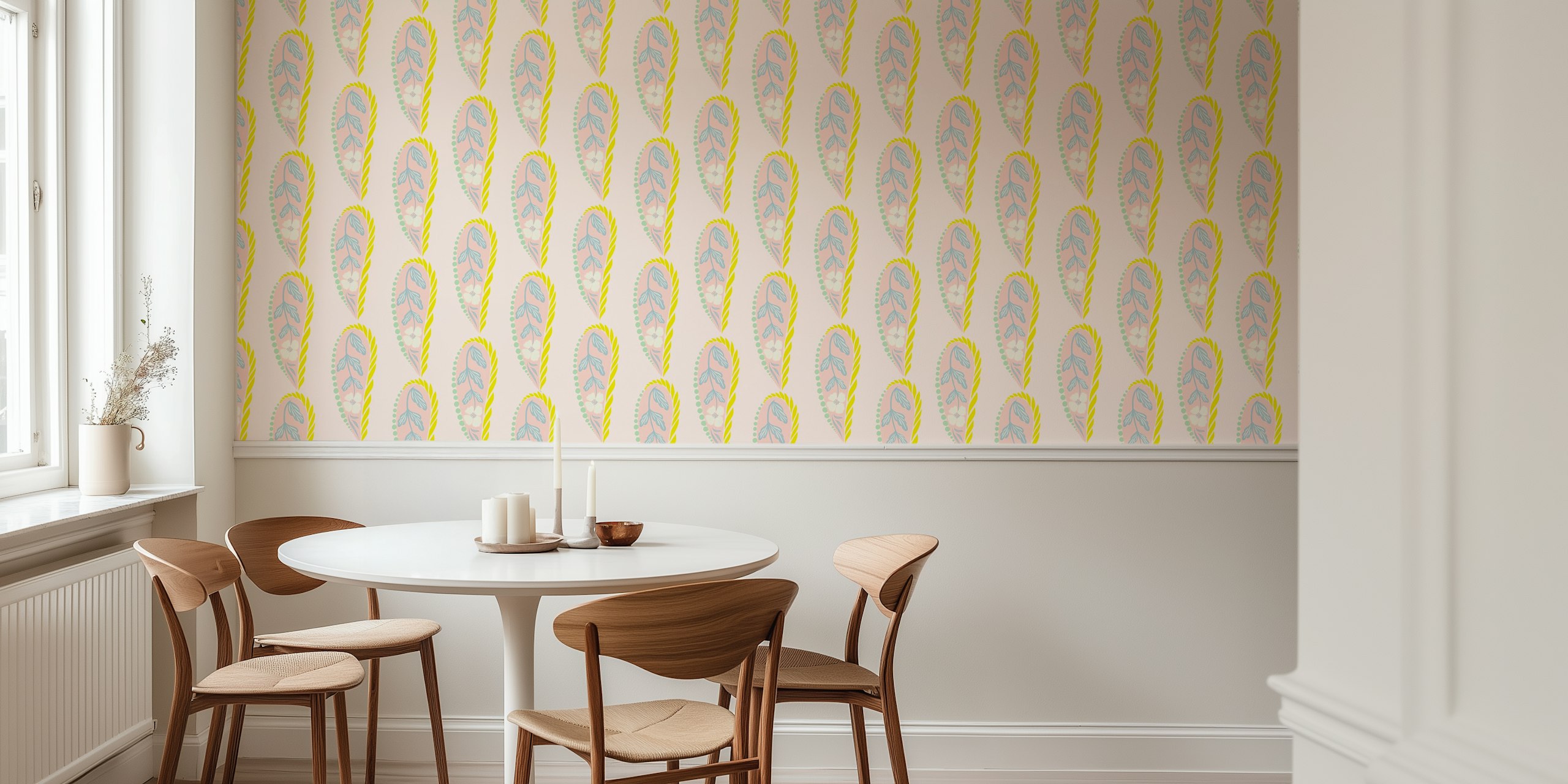 Floral leaf design in pink, blue, and yellow wallpaper