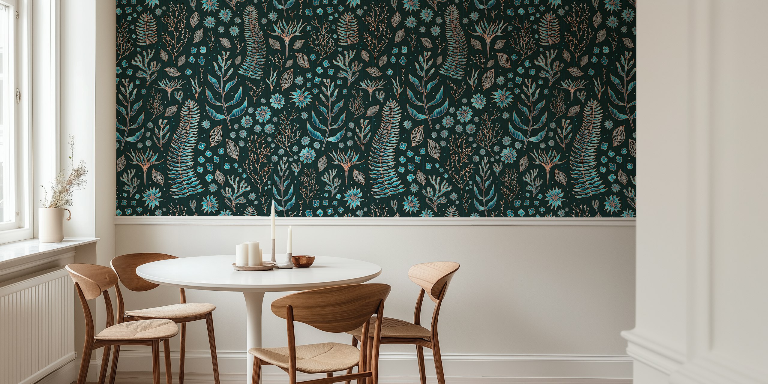 Blue Enchanted Forest Botanicals wallpaper in a room