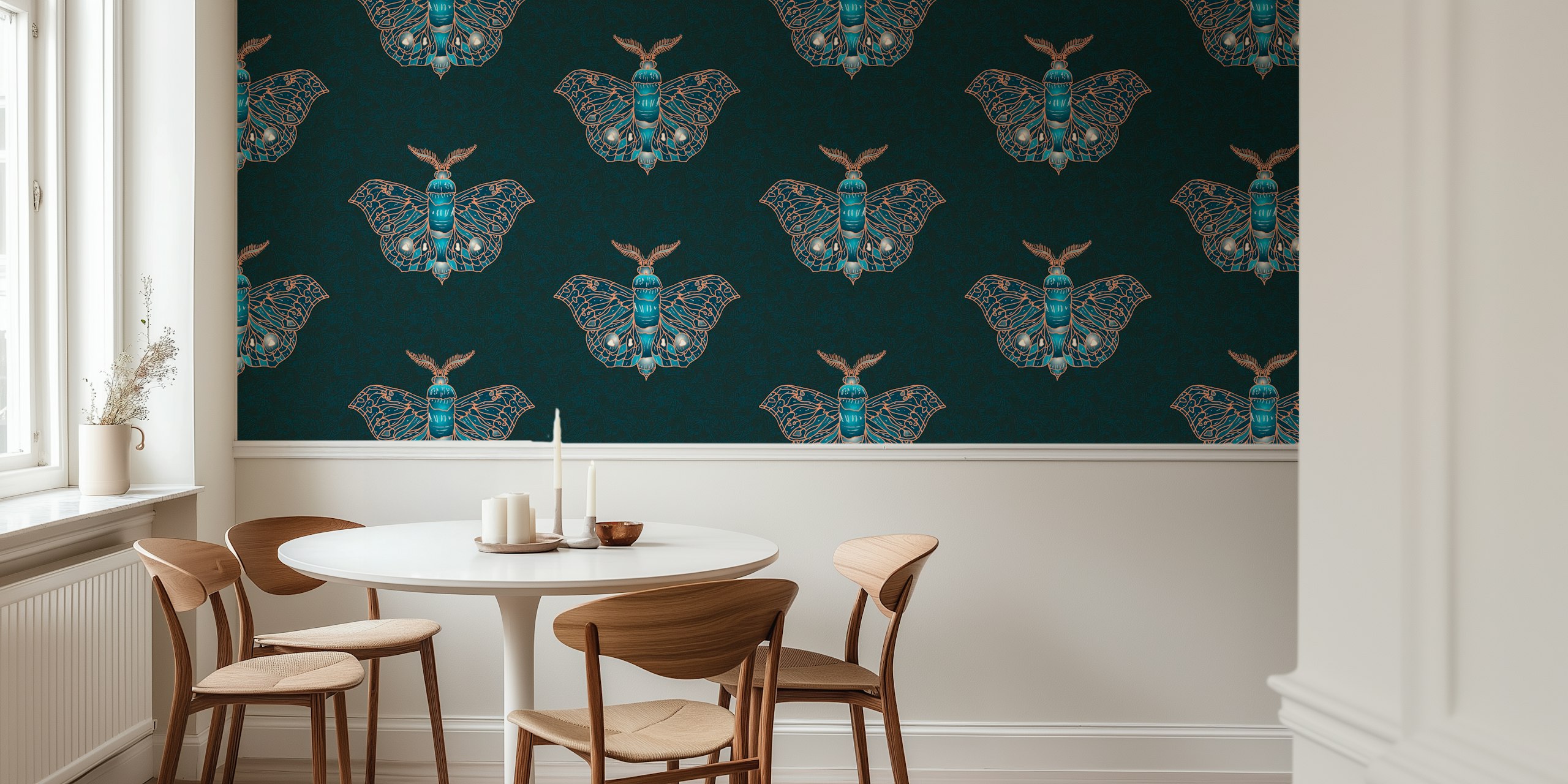 Celestial moth pattern with blue and copper tones wallpaper