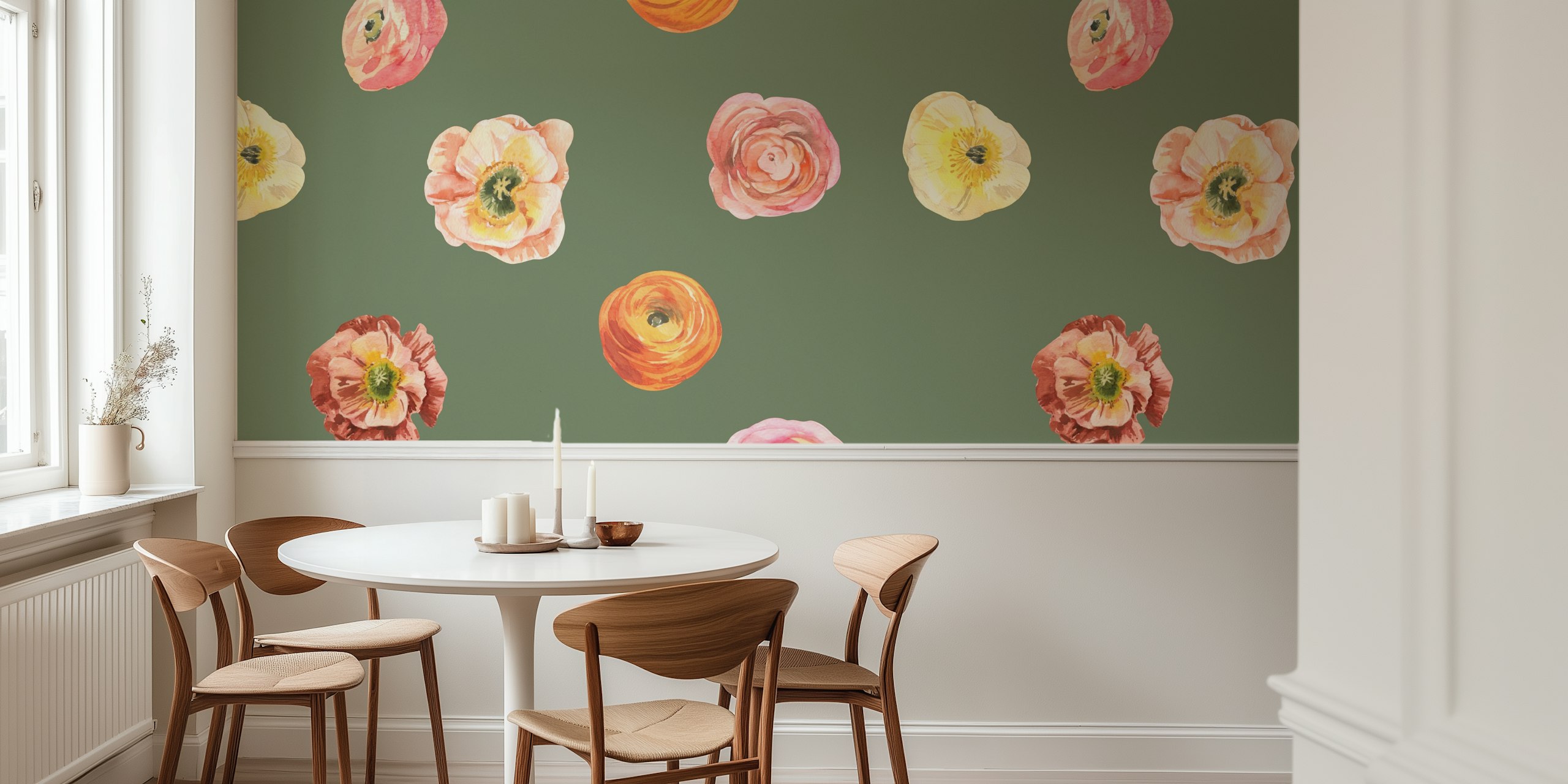 Scattered ranunculus wallpaper in a room