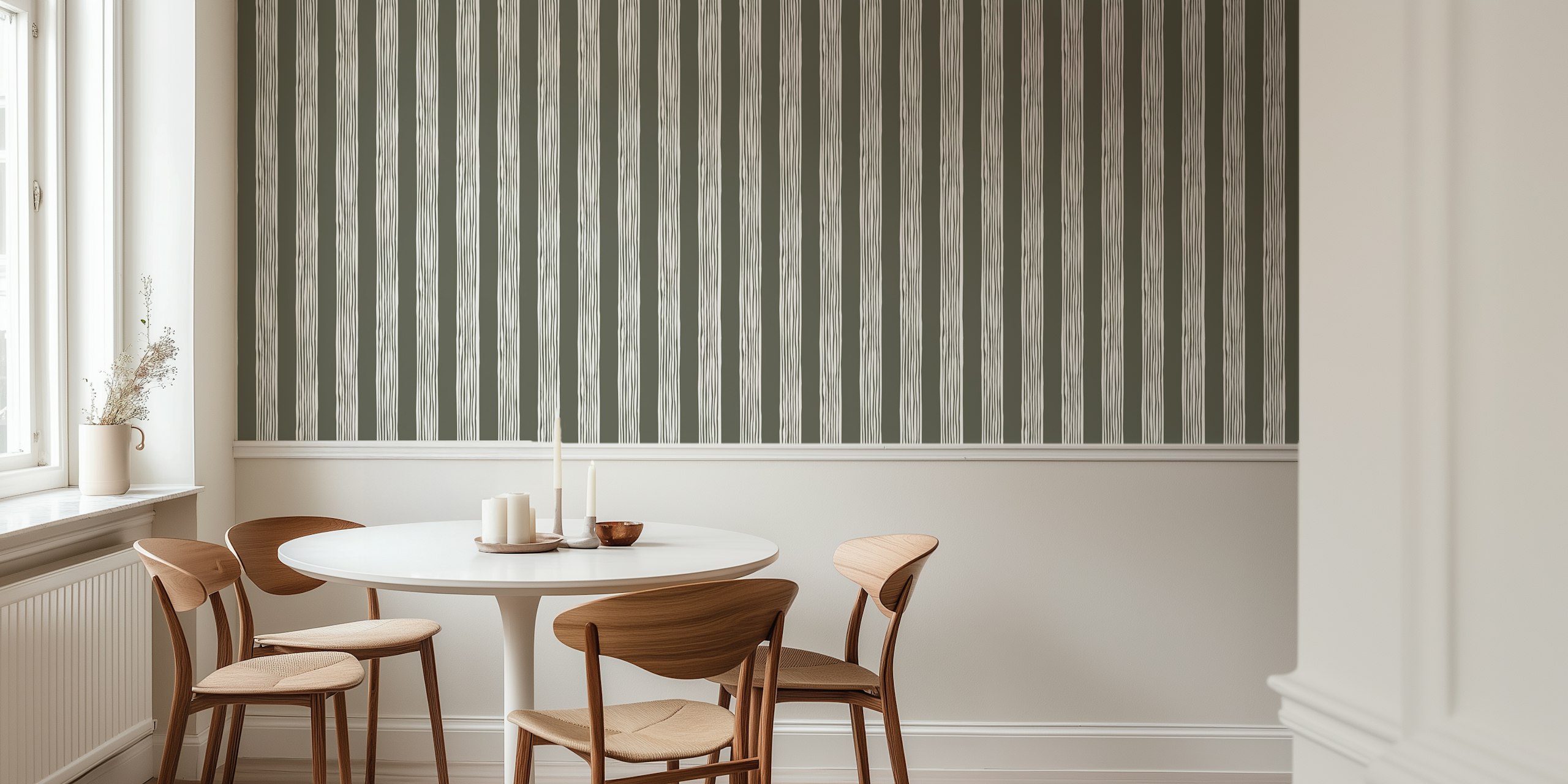 Vertical stripes in deep green with white wavy lines wallpaper