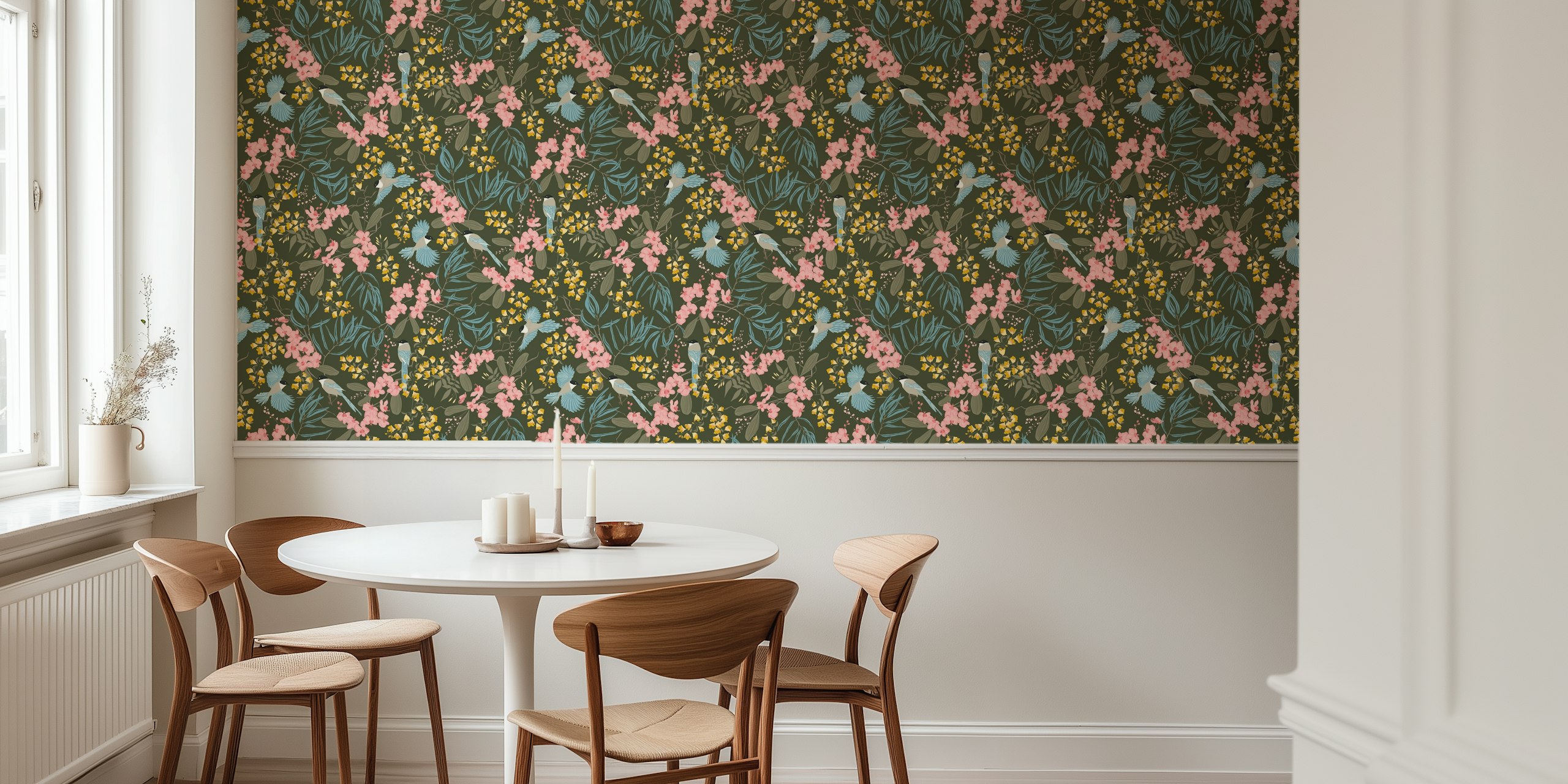 Floral pattern featuring magpies, pink blooms and green leaves wallpaper