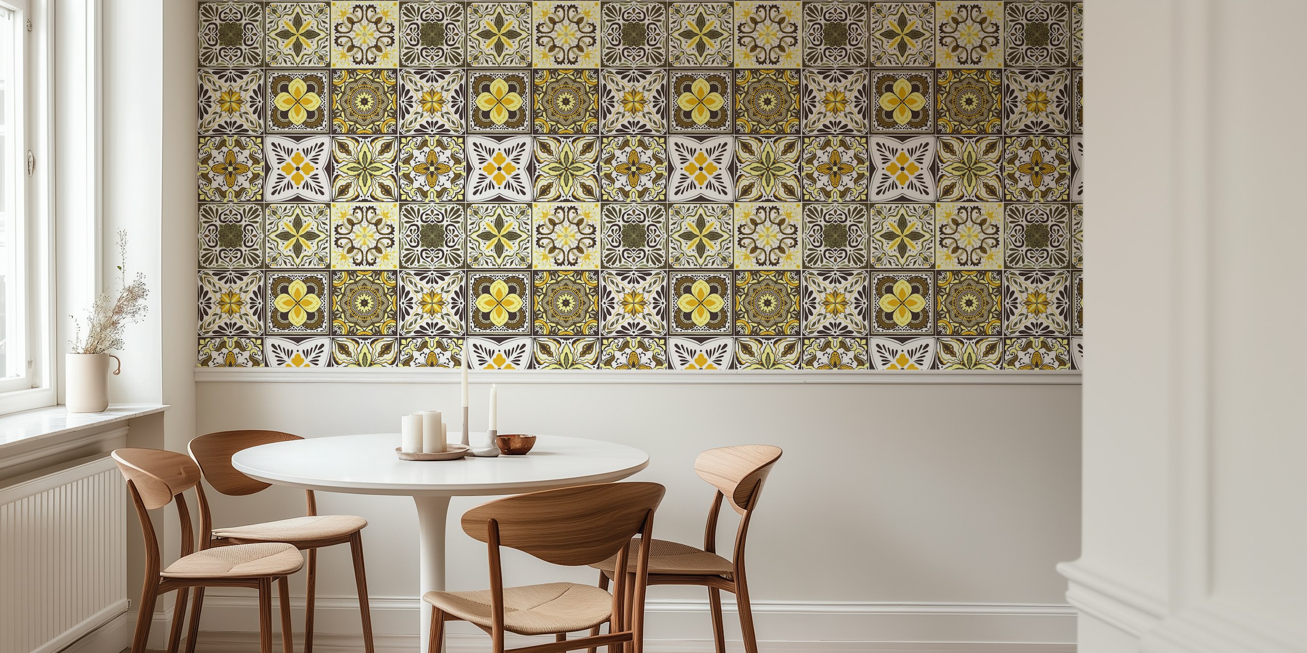 Vintage tile patterns in yellow and brown wallpaper