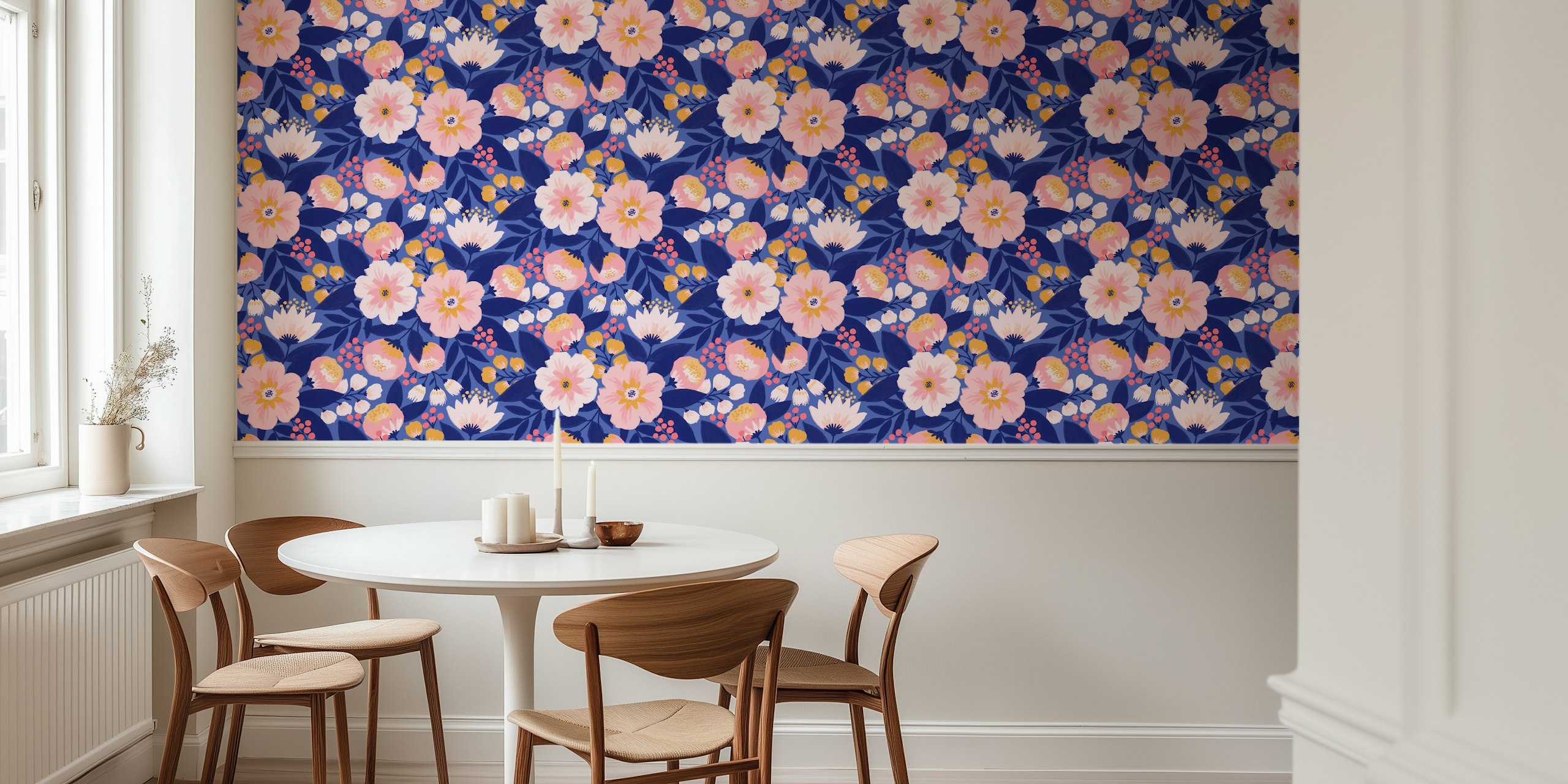 Navy floral wallpaper with pink, white, and yellow flowers