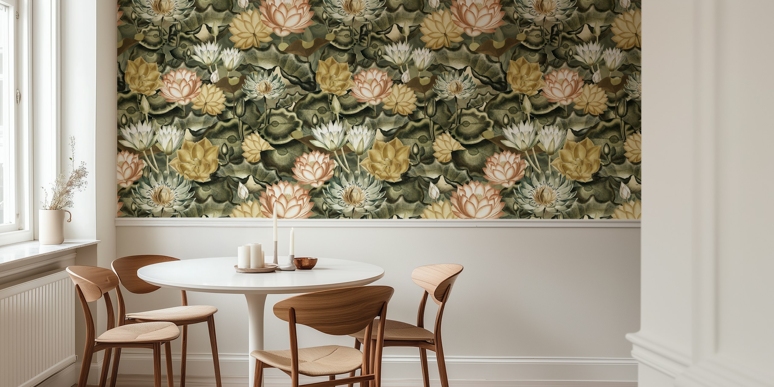 Lotus flowers in pink, cream, and gold on a dark green background wallpaper