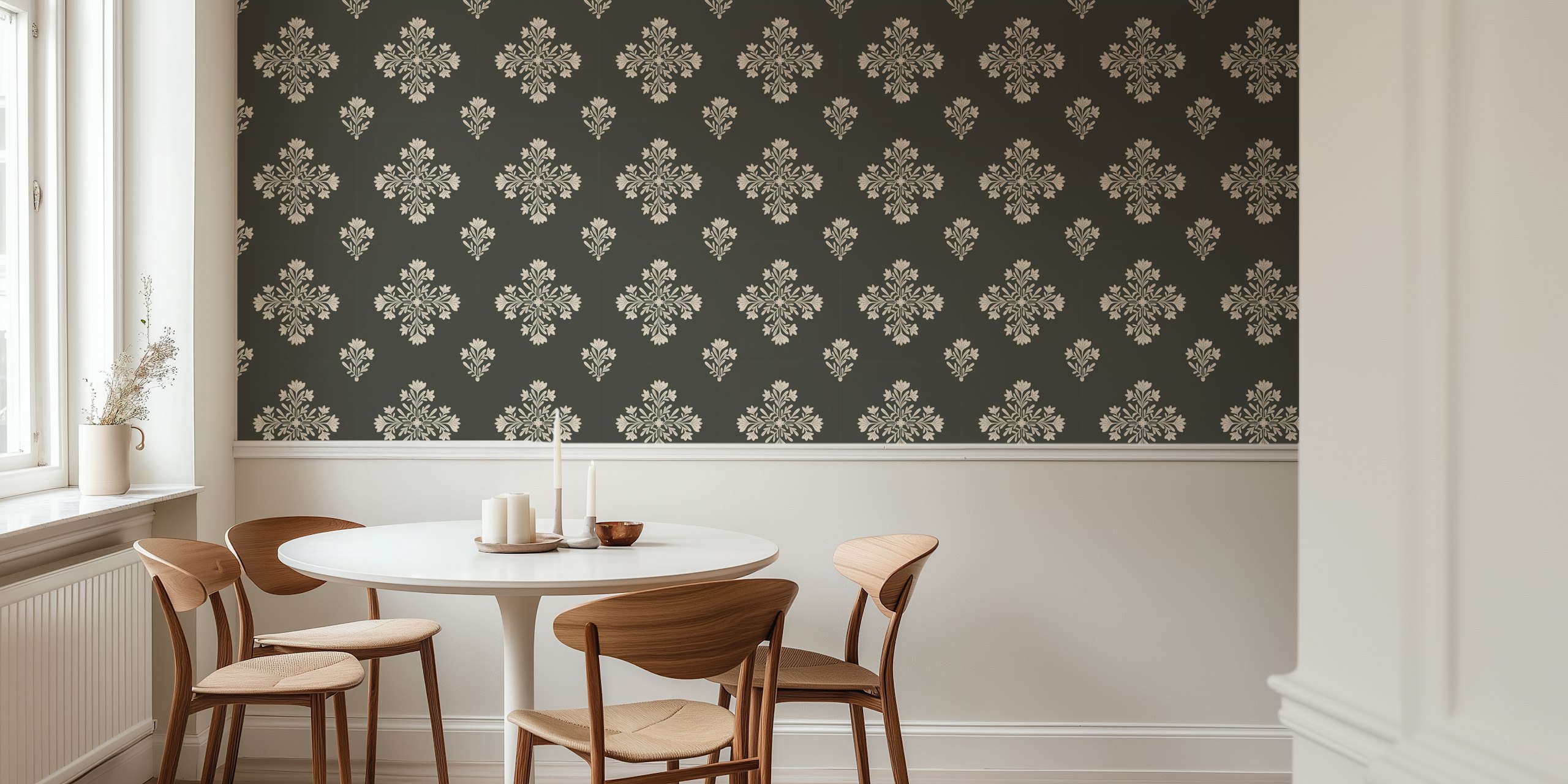 Floral patterned grey wallpaper with intricate white designs.