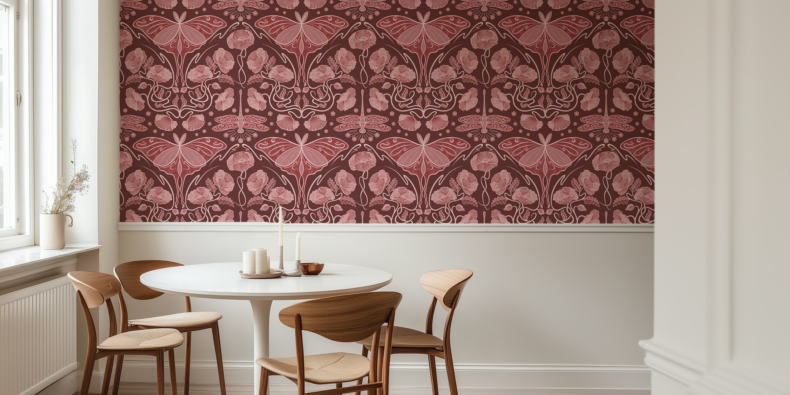 Art Nouveau Poppies and Luna moth wallpaper in burgundy