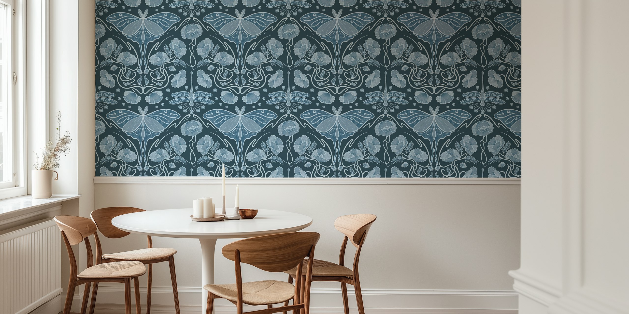 Blue Art Nouveau wallpaper with poppies and Luna moth design