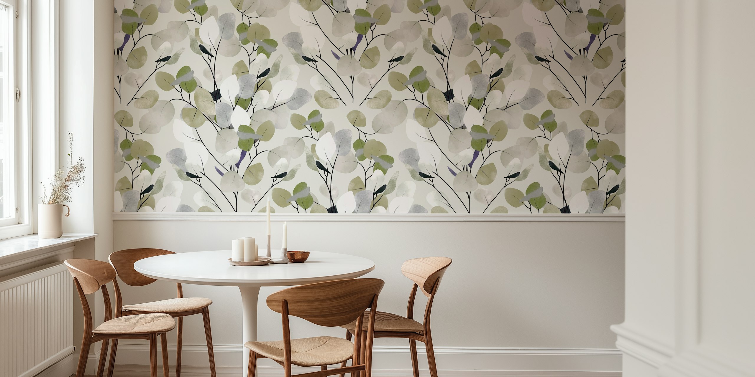 Eucalyptus leaves in soft sage green and grey tones on light background wallpaper